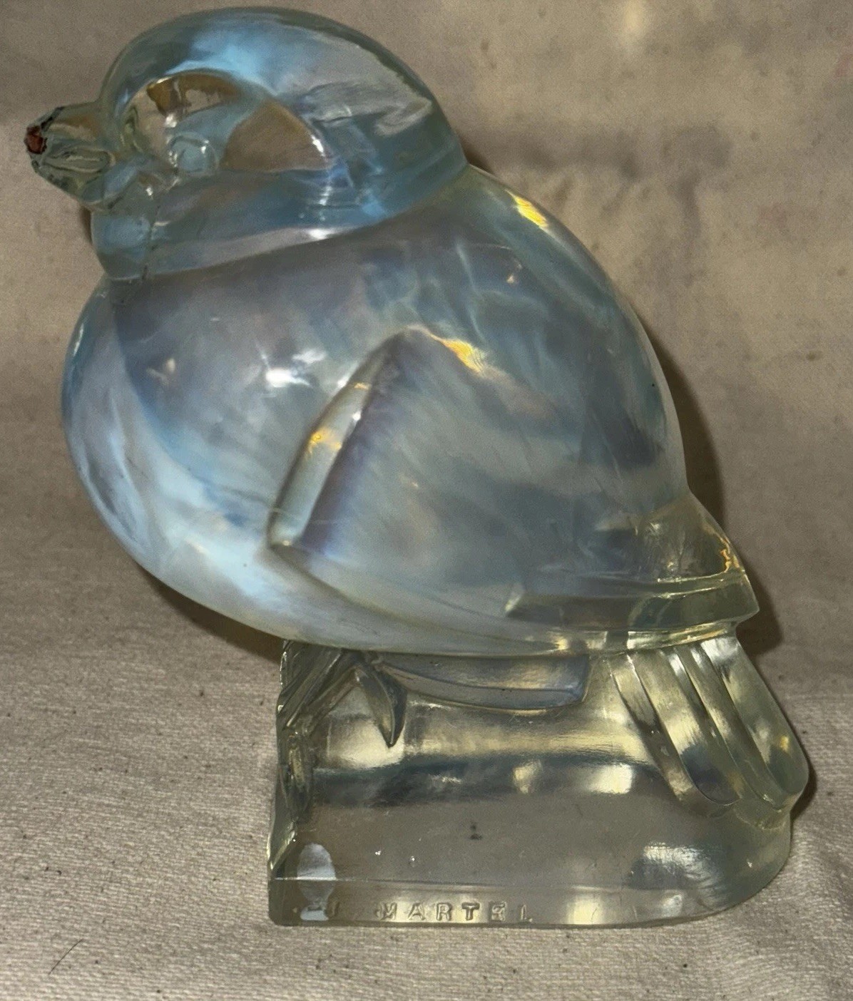 J Martel Vintage Opalescent Glass Art Deco Bird -Signed-some damage