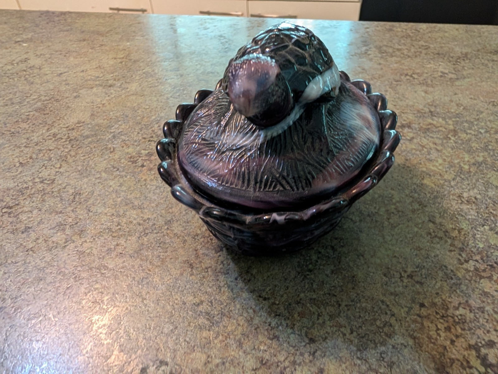 RARE Adorable Amethyst Slag Glass Turtle On Basket Glass Dish Basket Weave
