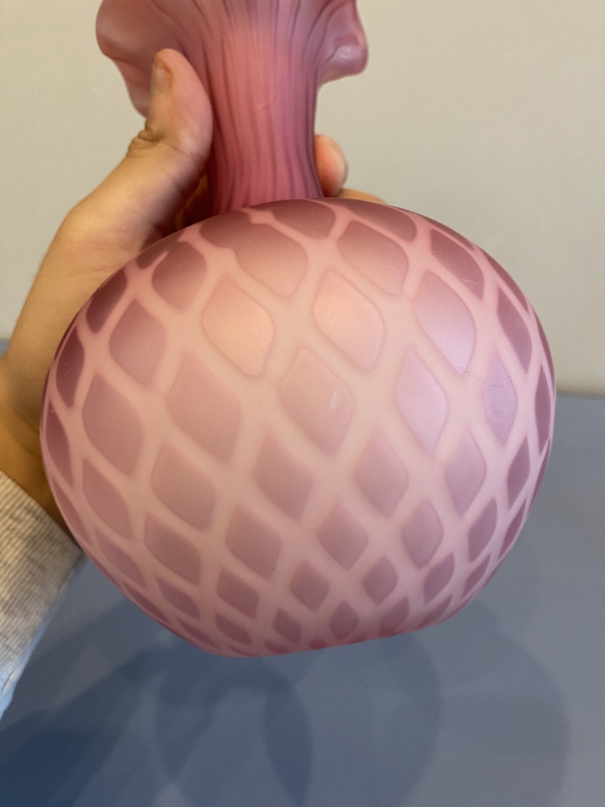 ANTIQUE Cranberry Opalescent Satin Quilted Mother Of Pearl Glass Vase 8″H