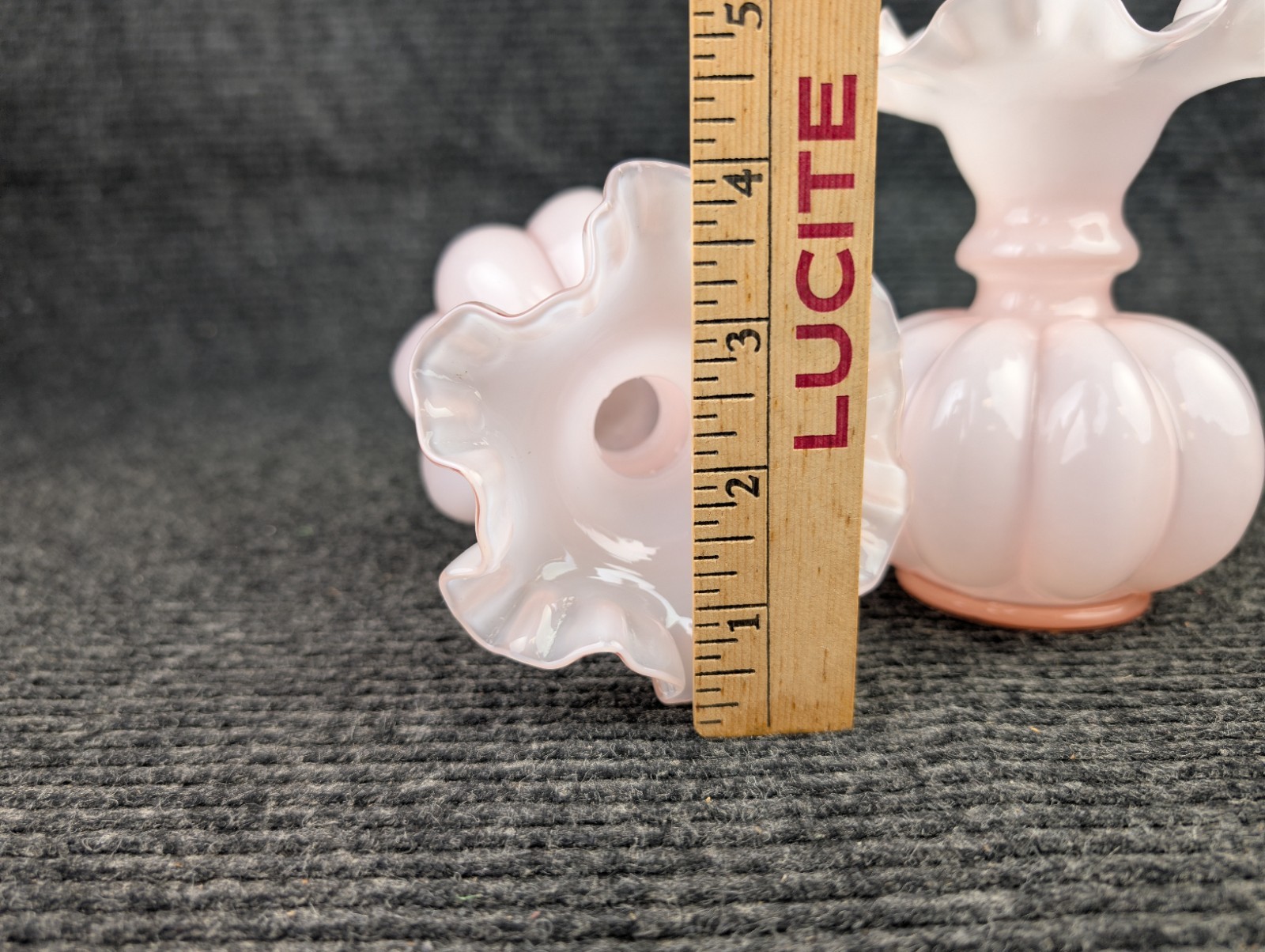 ​2 Vintage Fenton Rosalene Opalescent Pink Melon Vases Crimped Ruffled Rims Pair