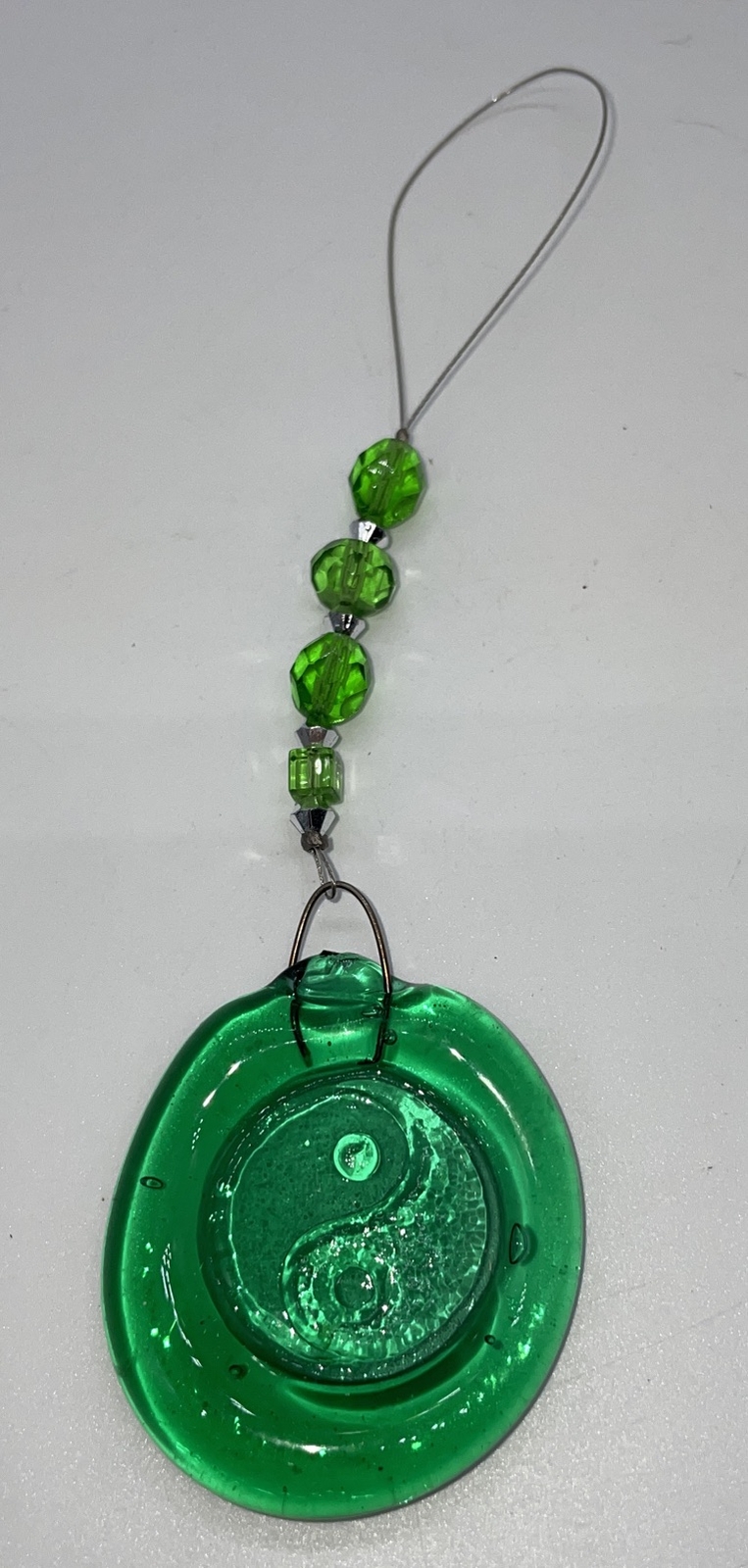 Hand Made Yin Yang Green Glass Ornament Sun Catcher Beaded Round