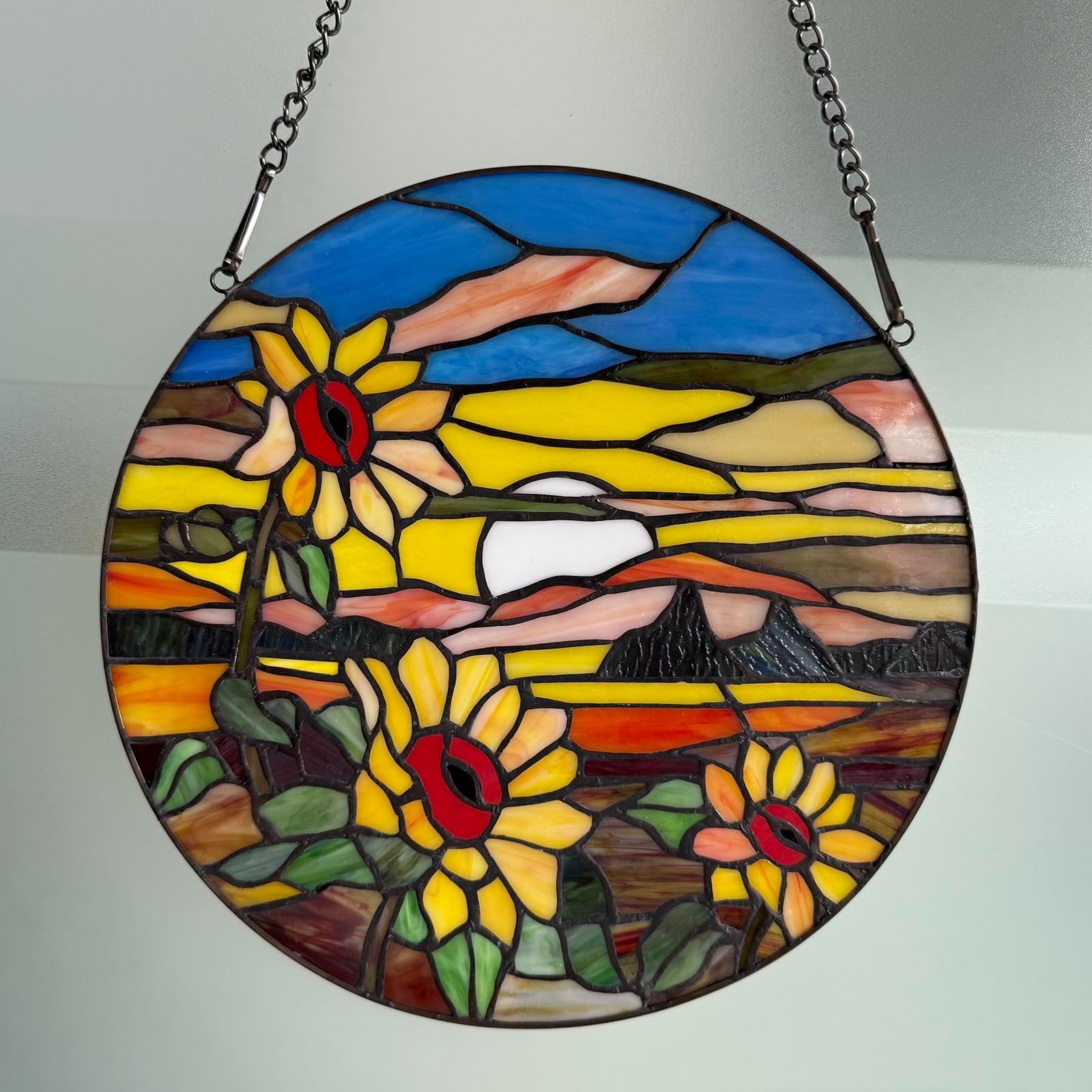 Handmade Sunflower Stained Glass Window Panel, Round Sun Catcher, 12″x12″ Decor