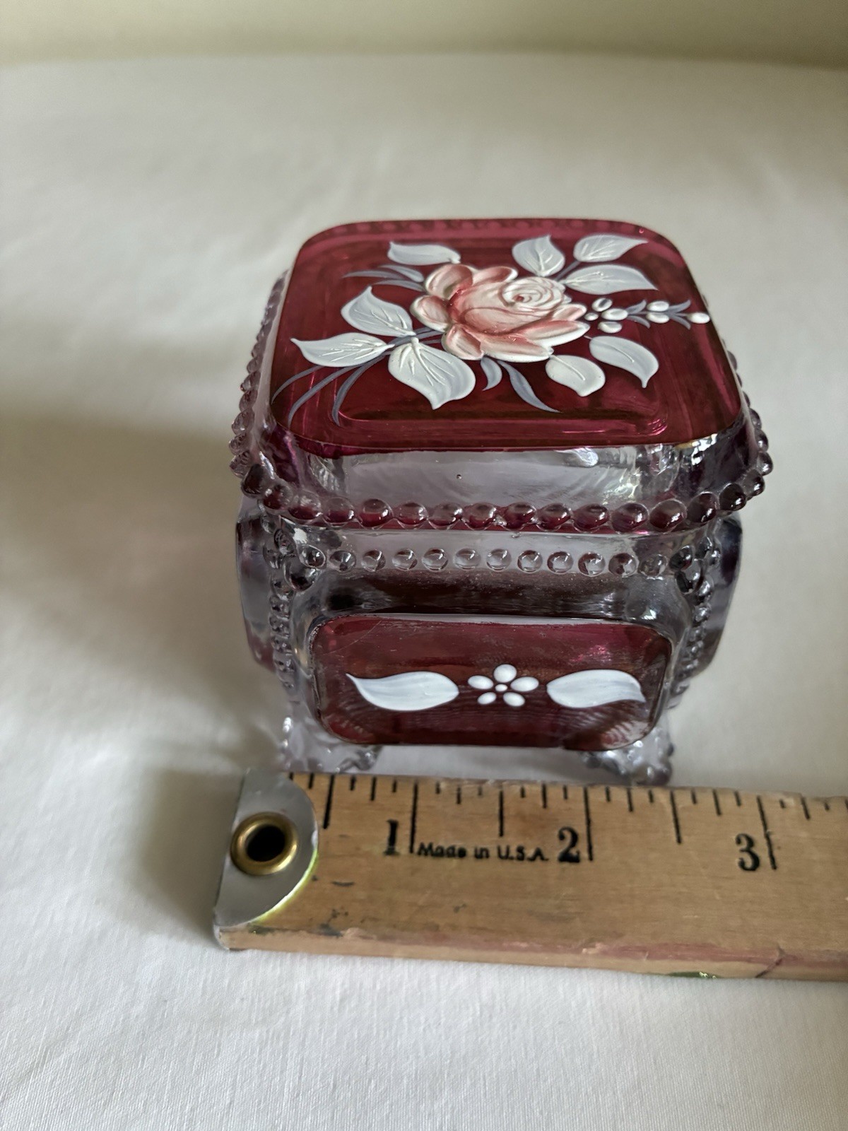 VTG Westmoreland Ruby Red Glass Trinket Jewelry Box Hand painted Artist Signed