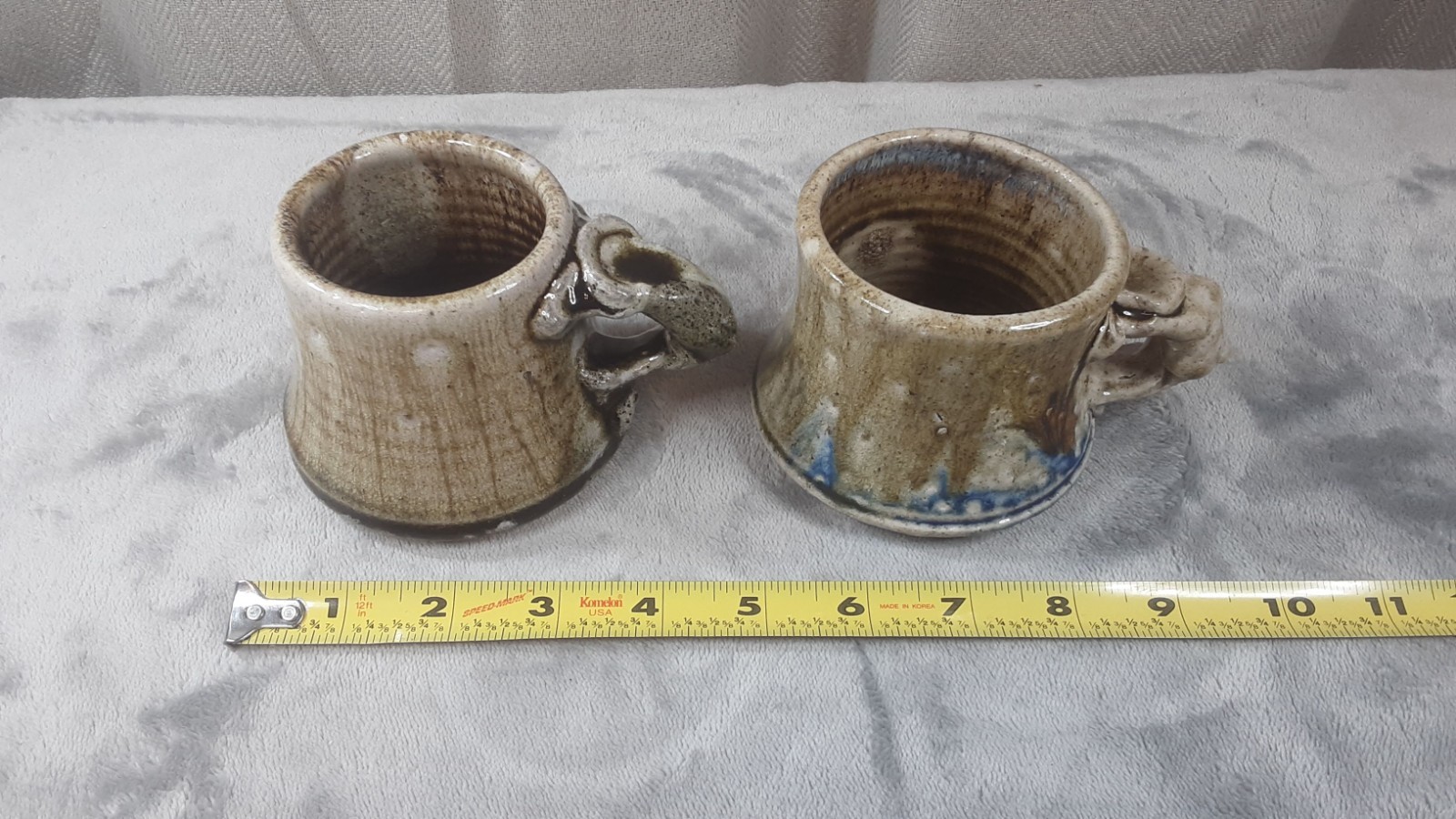 Signed Studio Pottery Mugs Hand Thrown Stoneware Pair Ash/Shino Glaze Vintage