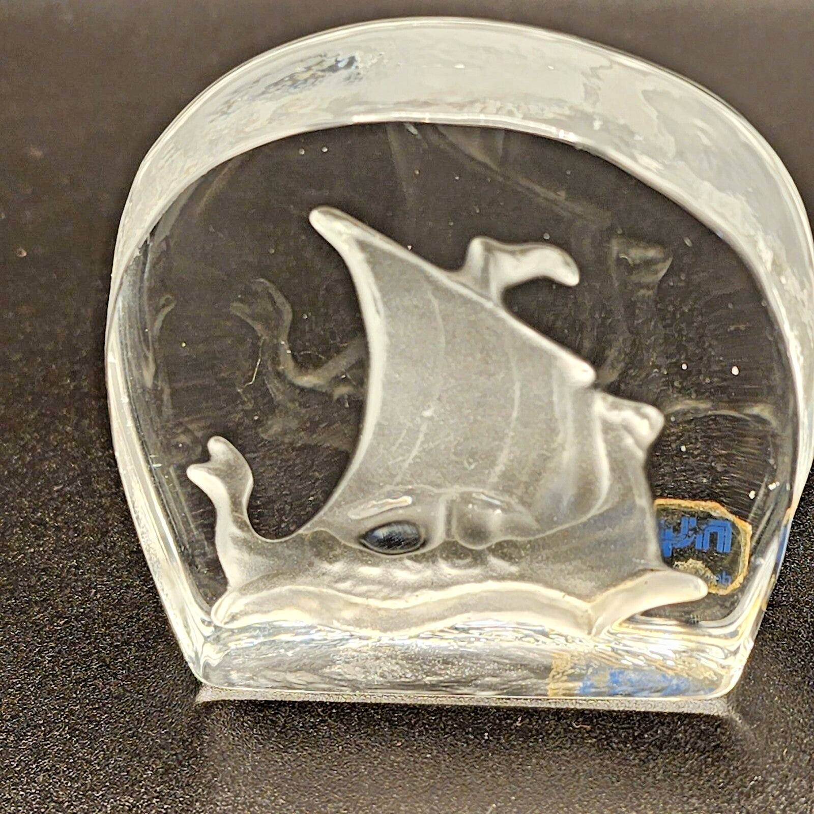 Crystal Ship Paperweight Scandinavian Glass Nybro Sweden Rune Strand Design
