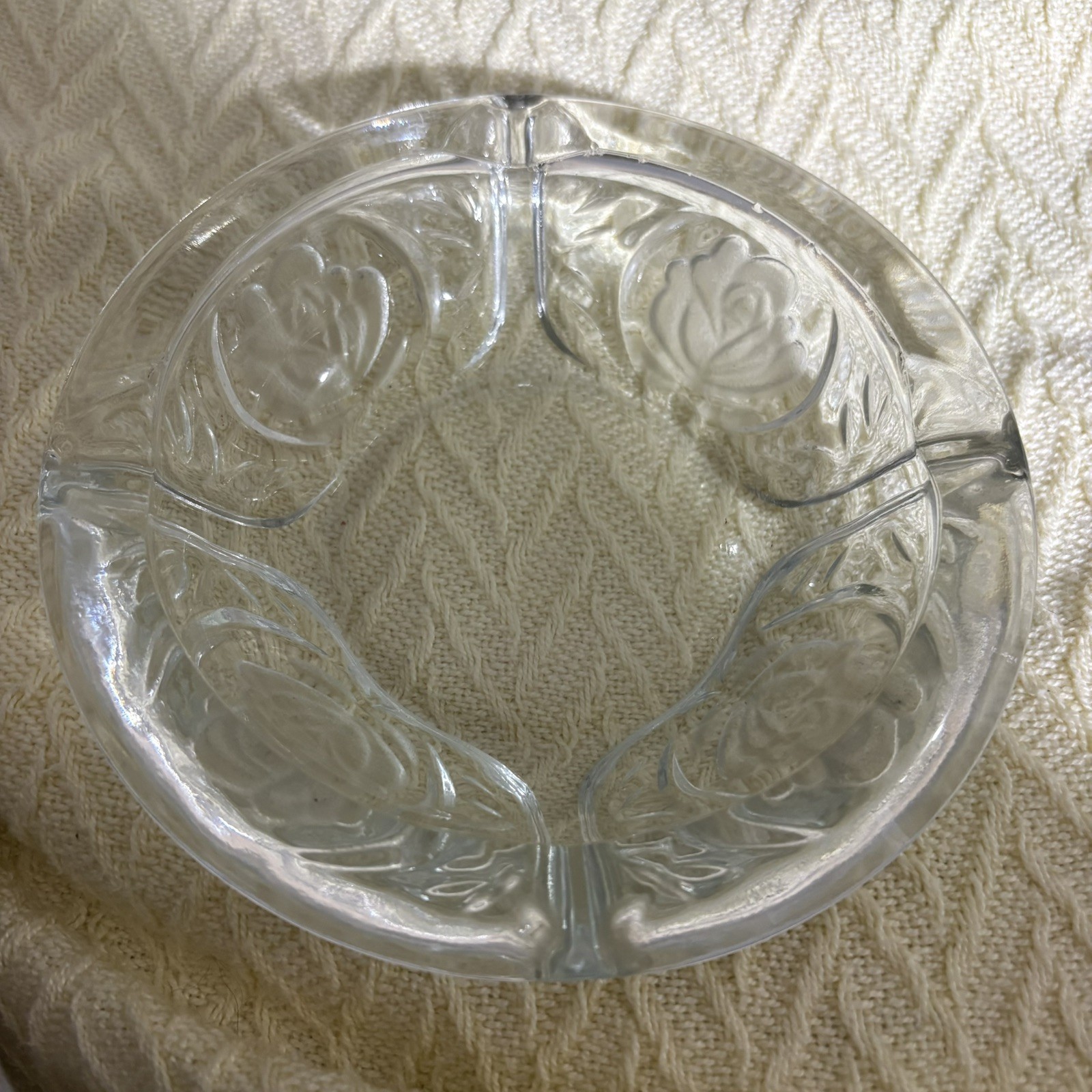 Vintage KIG INDONESIA 6″ Clear Heavy Glass 4 Slot Ashtray with Embossed Roses