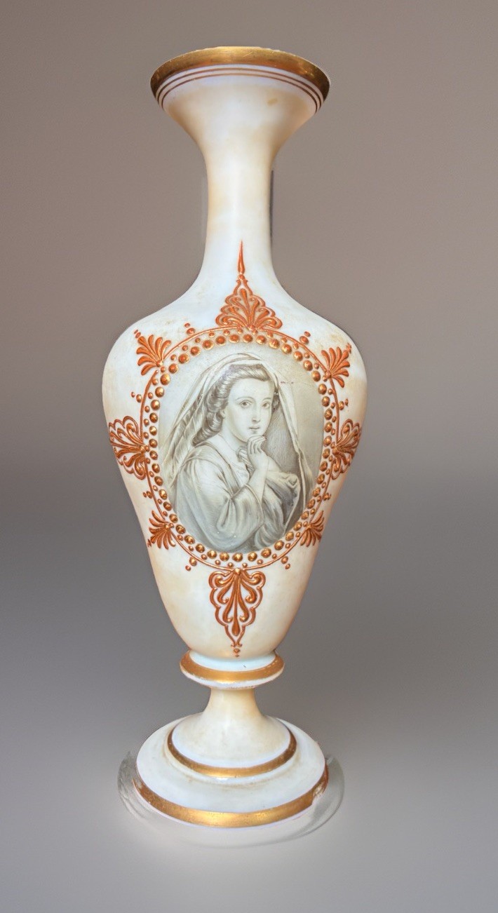 Baccarat Opaline Glass Vase With Hand Painted Woman Signed