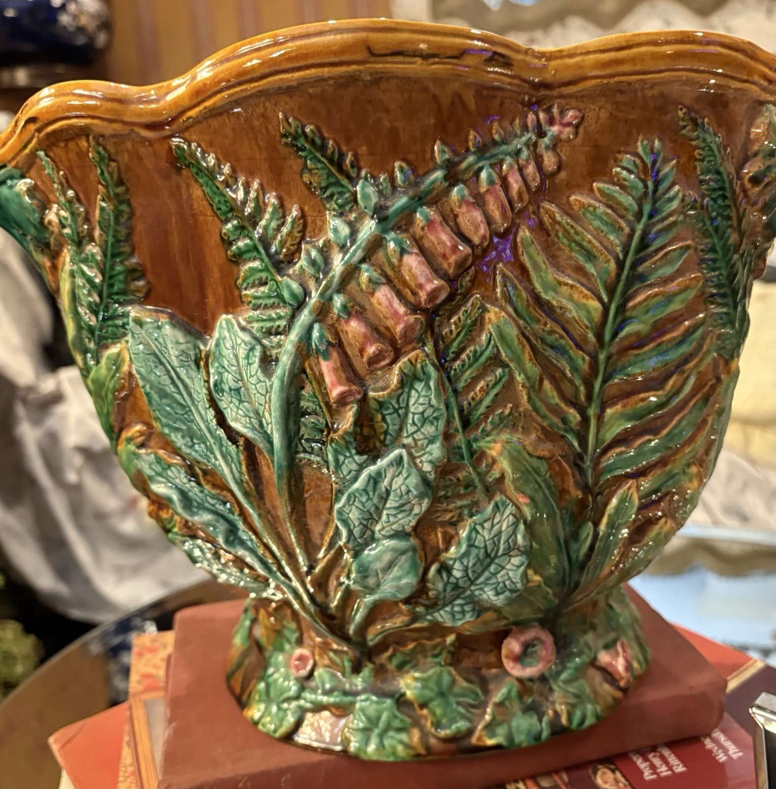 Rare 1873 Minton Majolica Jardiniere Planter – Foxglove and Fern Pattern Marked