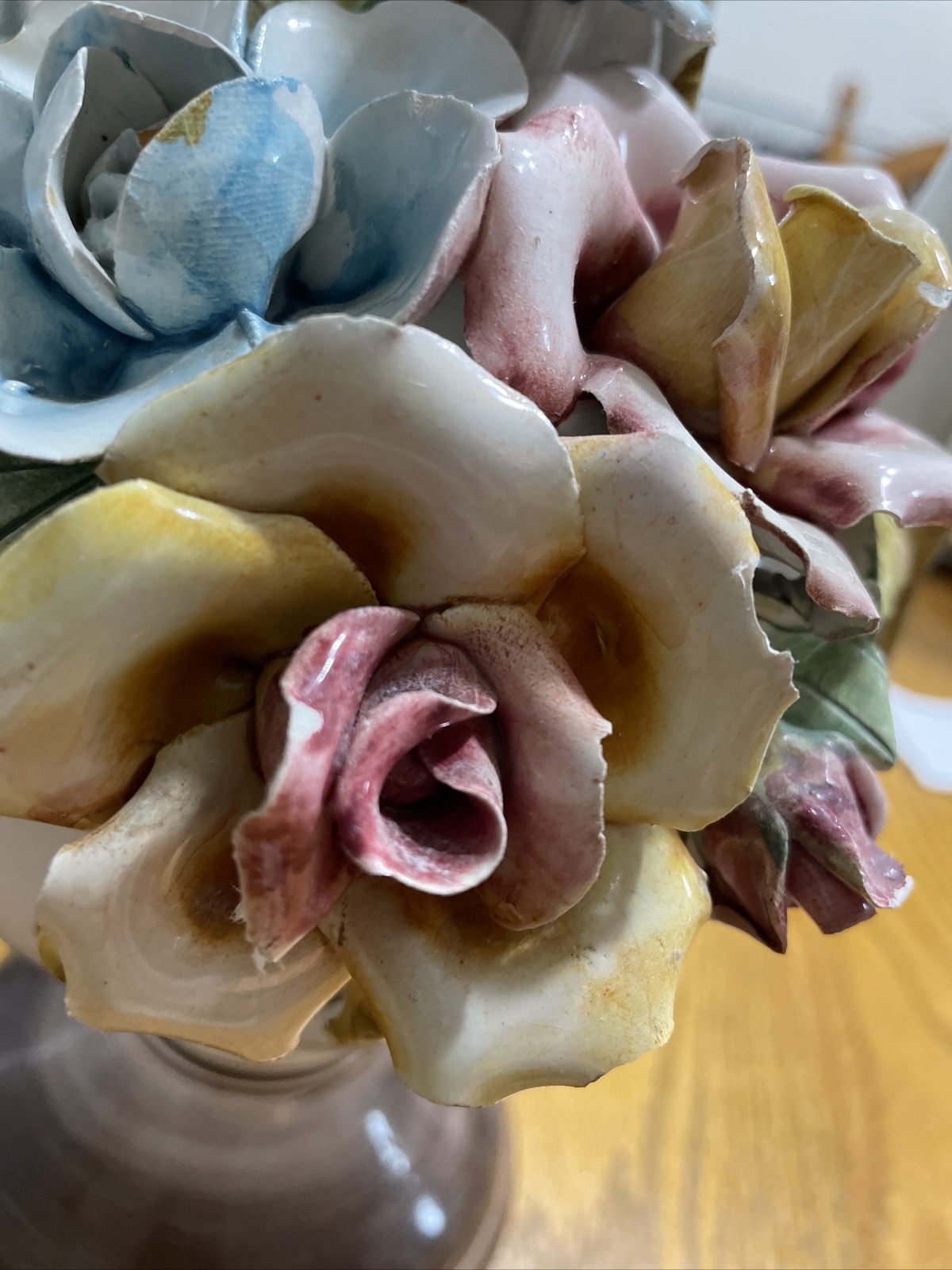 Italy Irea Bassano Art Pitcher Capodimonte Porcelain Rose 3D Flowers 16″ VTG