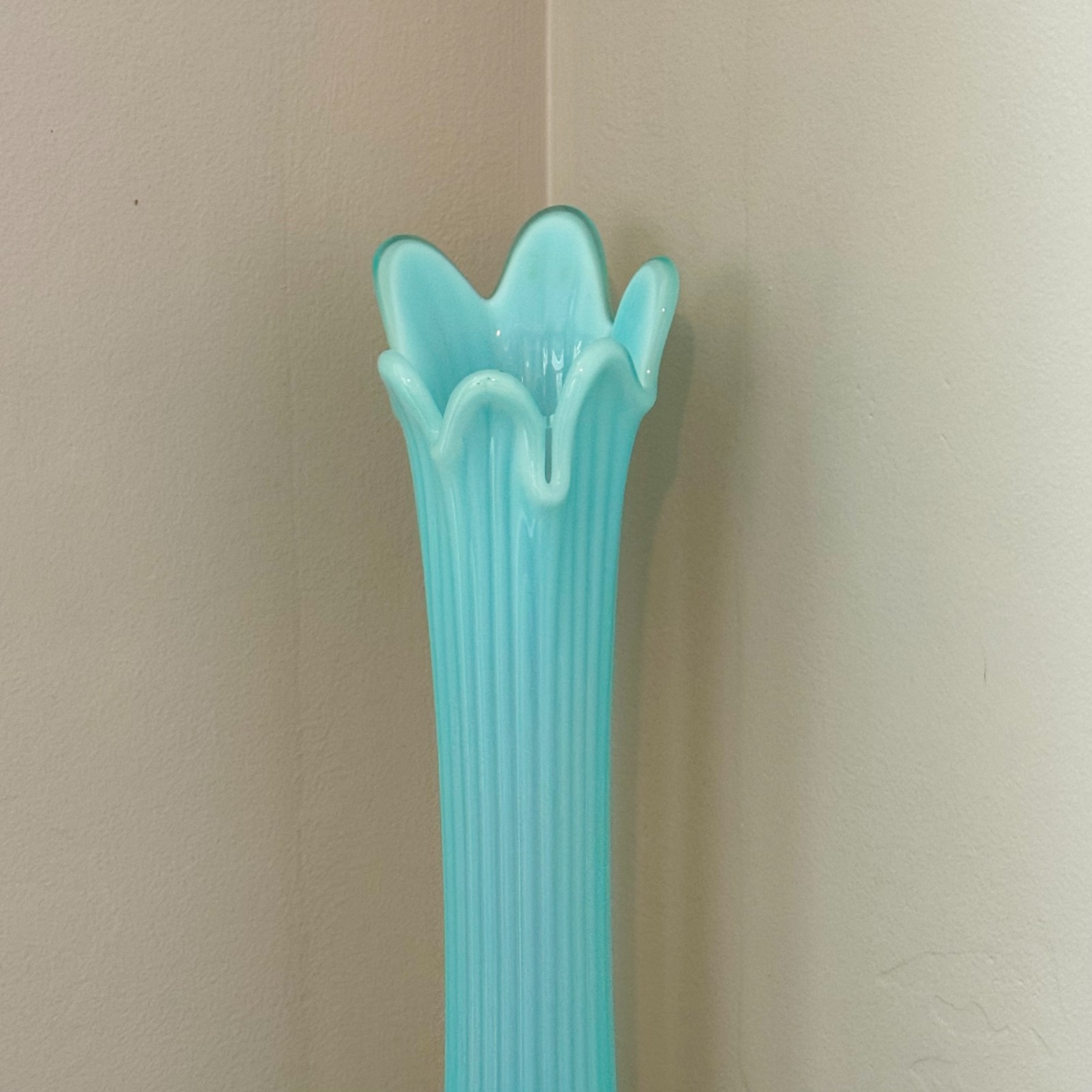 Antique Jefferson Glass Co. Blue Opalescent Swung Vase – 14″T