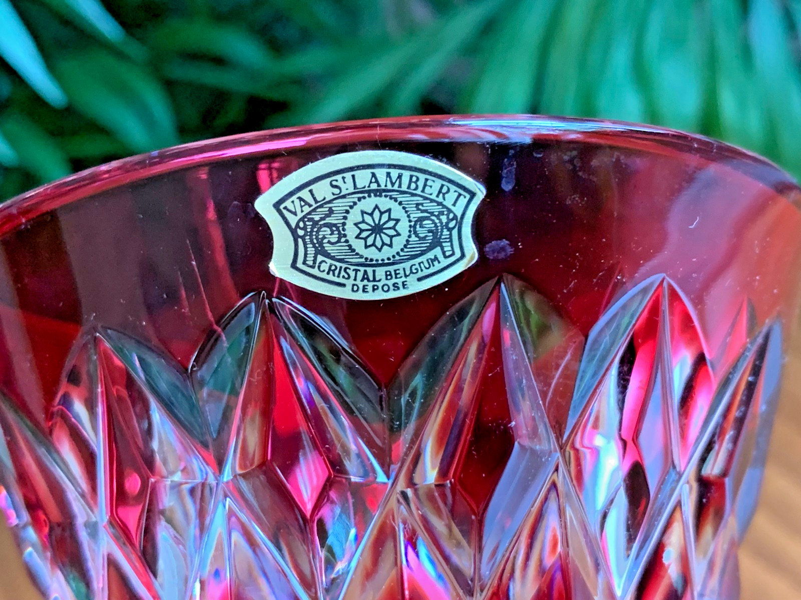 Val St Lambert Ruby Red Cut to Clear Crystal Glass Vase Belgium Depose Signed 6″