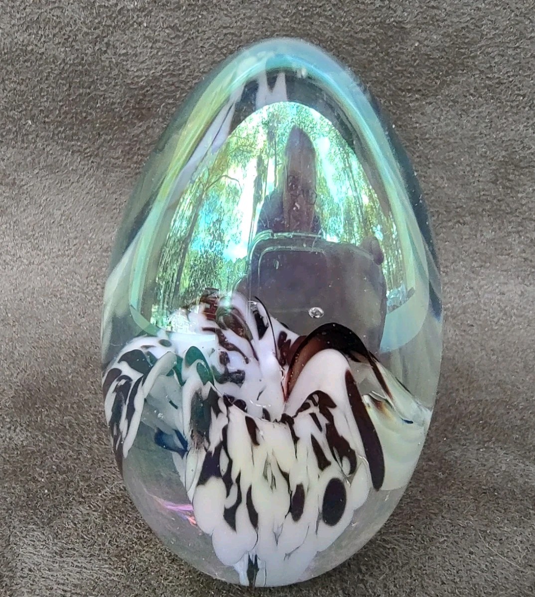 MSH Mt St Helens Ash 1986 Art Glass Irridescent Egg Paperweight Floral