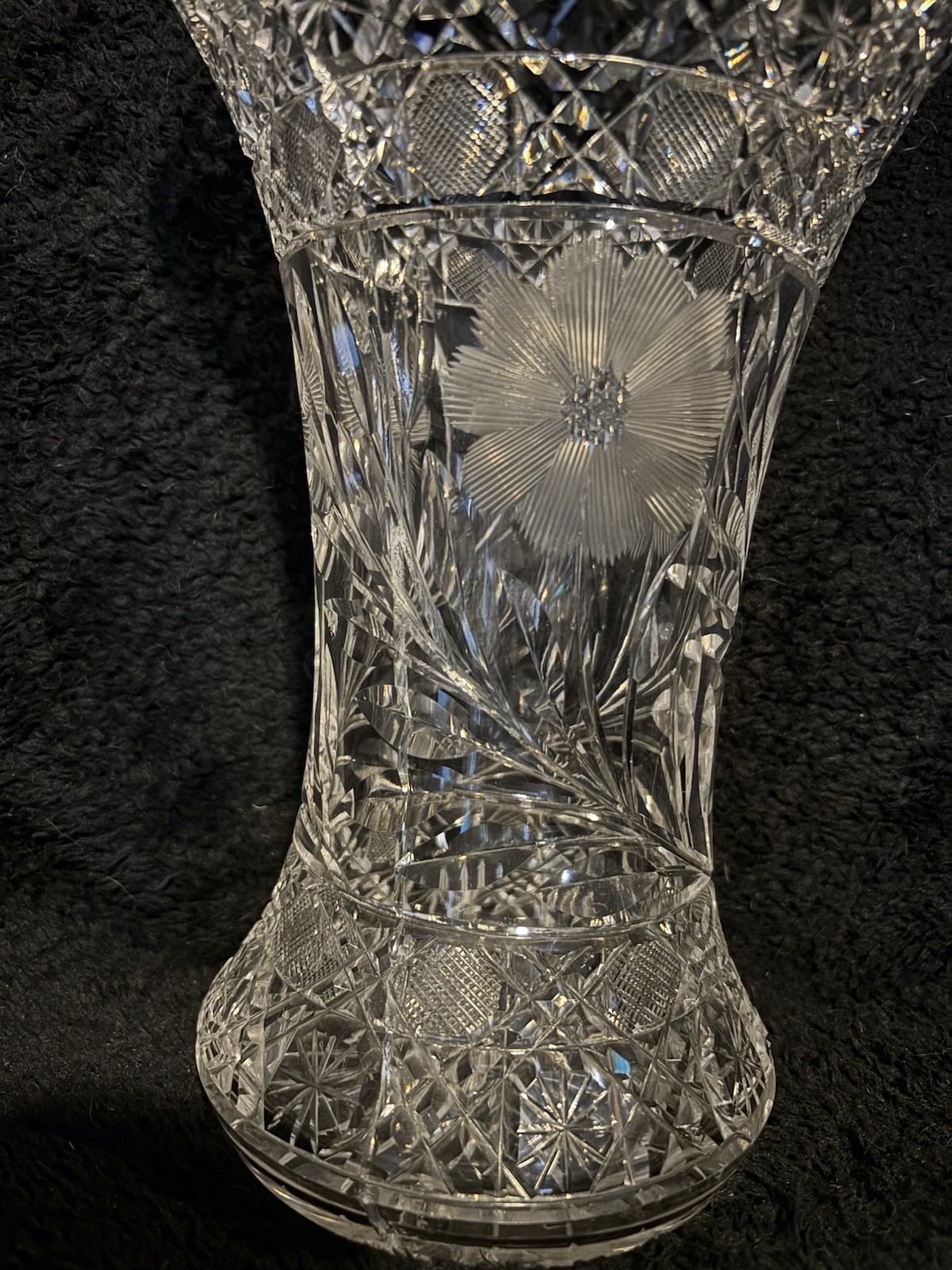 American Brilliant Cut Glass 10” Vase Floral Pattern Glossy Finish Flower Petals