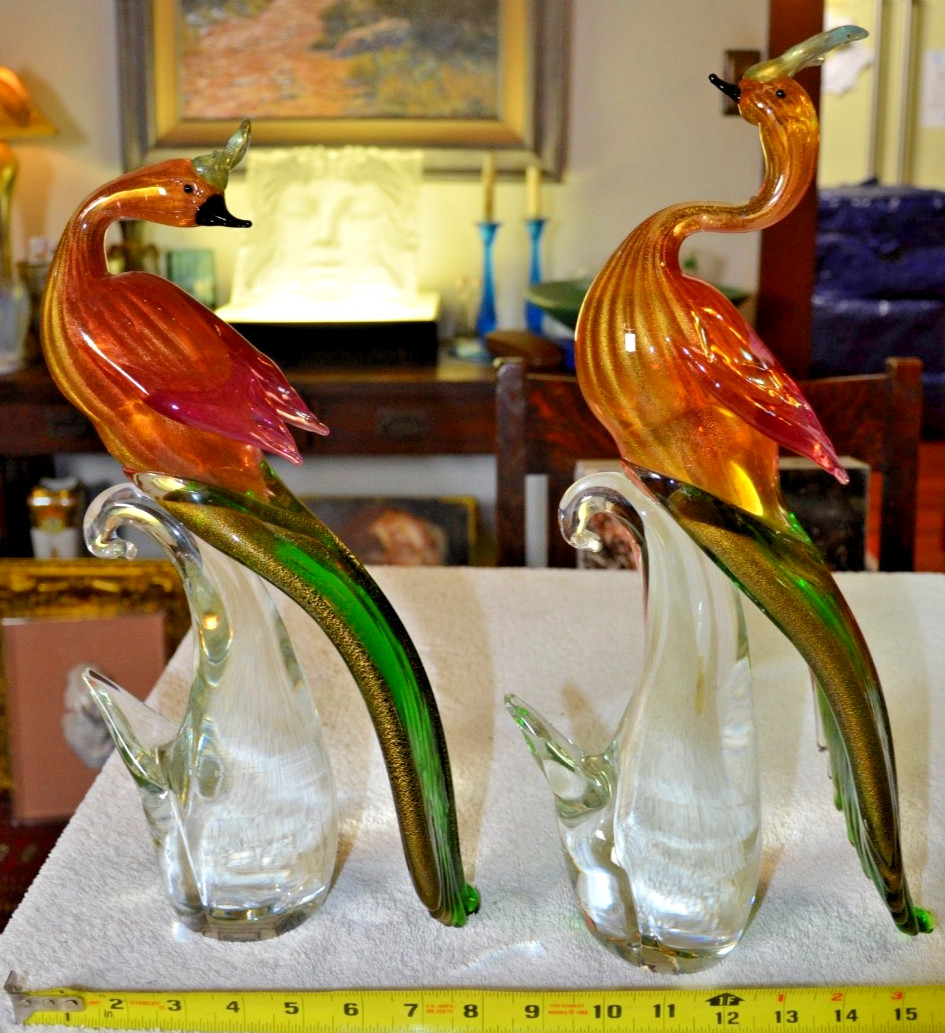 c1950s Pair 17” MURANO Birds Of Paradise/Peacocks Green Red & Aventurine Gold