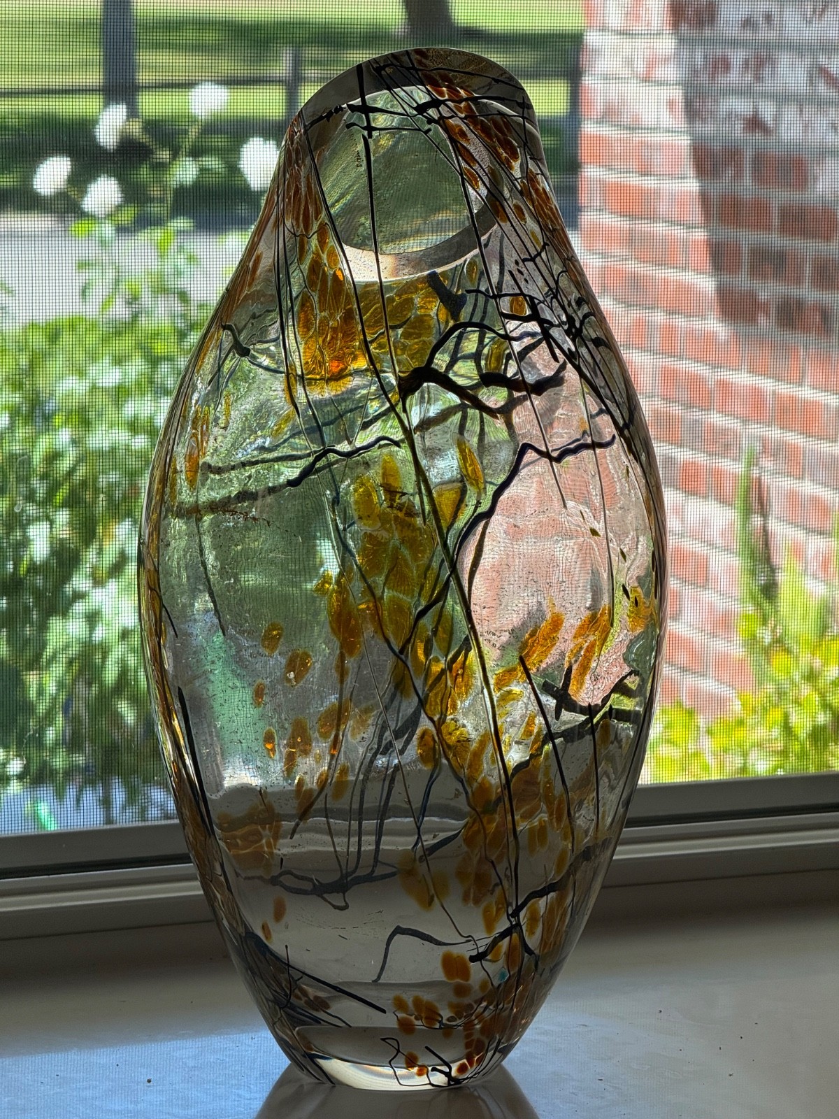 Tim Lazer Signed Studio Art Glass Vase 17″ Large Gold Black Dichroic Slash Cut