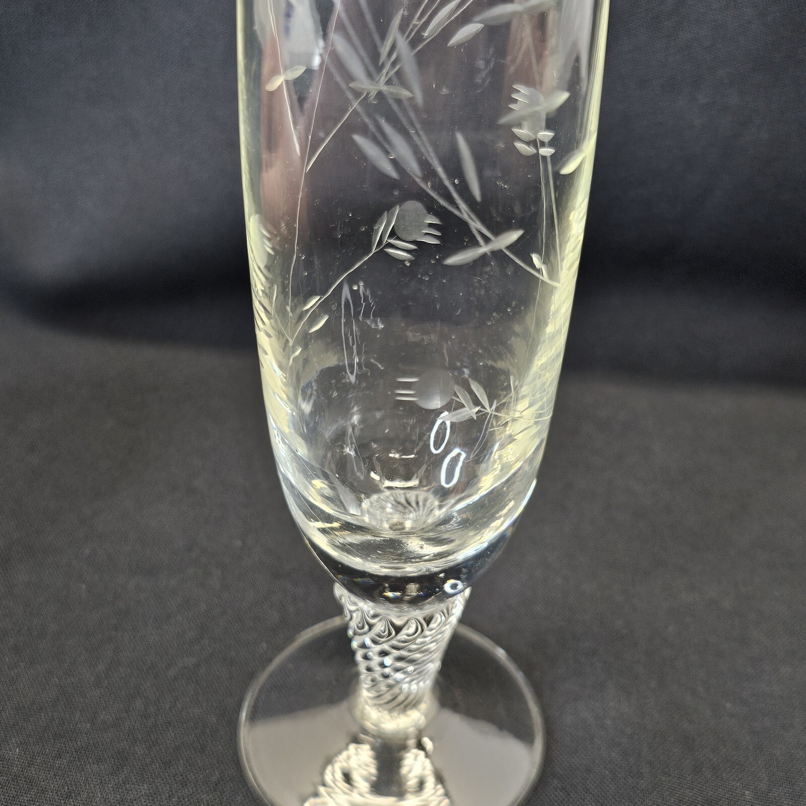 Vintage Crystal Clear Glass Bud Vase Acid Etched Flowers And Edge Footed