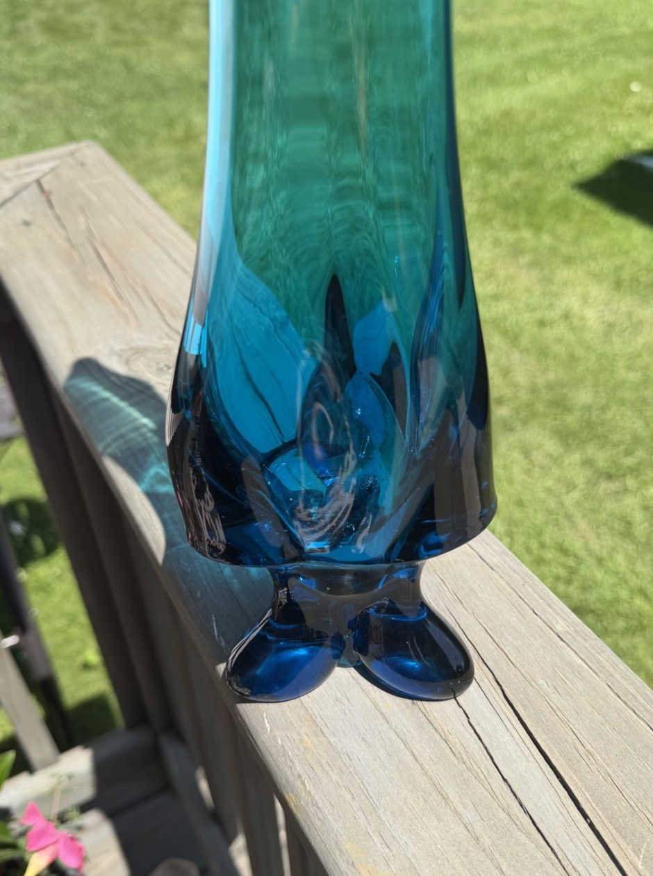 RARE Viking Epic Bluenique Swung Vase Tall 3-Toe Pedestal MCM Art Glass 24.75 In