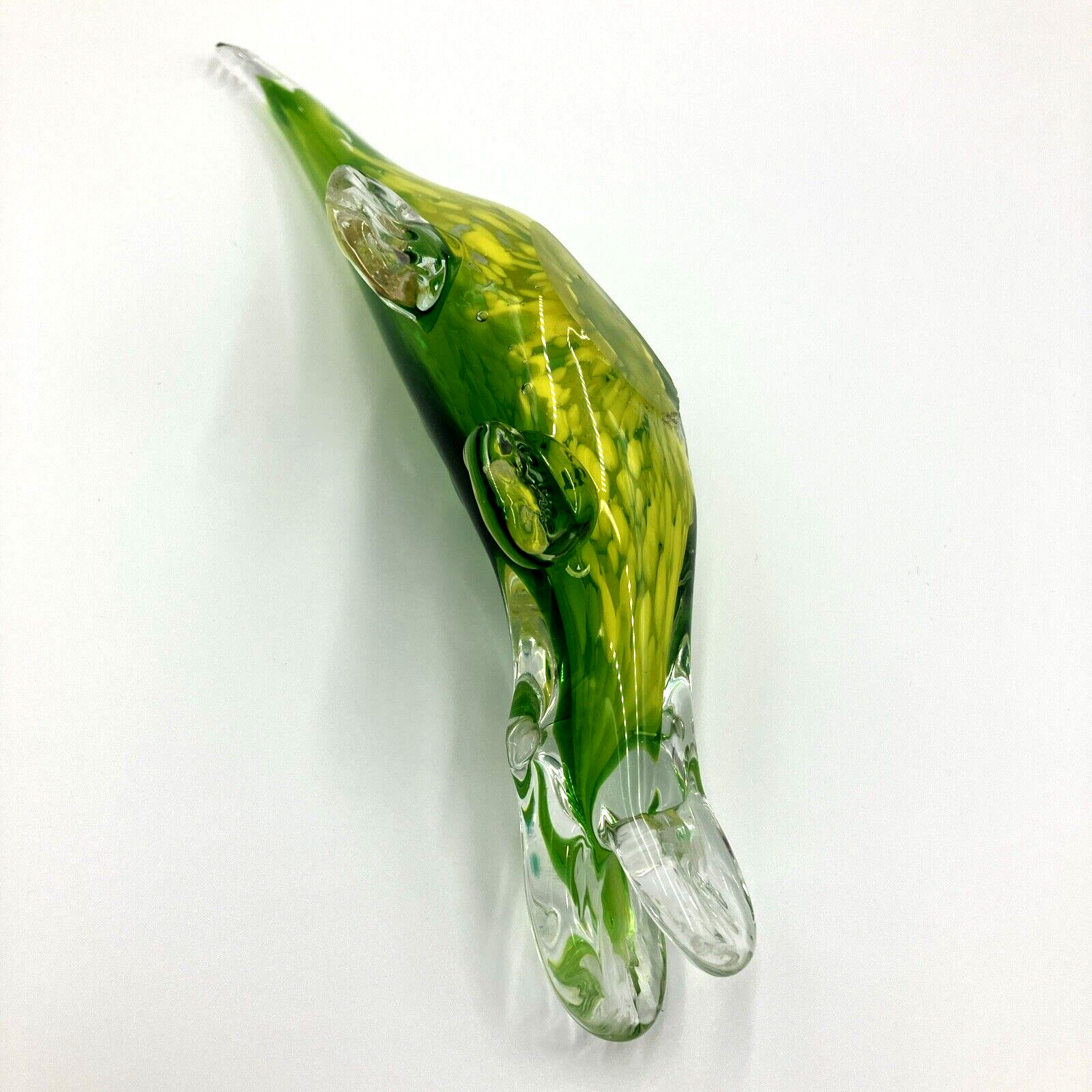 Crocodile Alligator Art Glass Figurine 8″ Long Hand Blown Green w Yellow w Clear