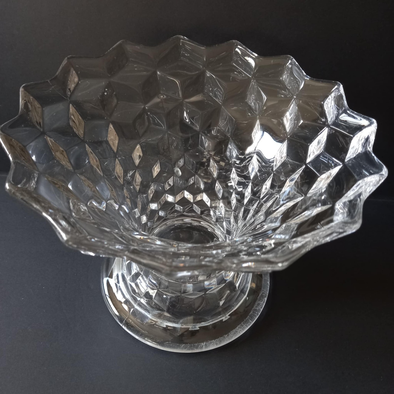 Fostoria American 9.5×7″ Tall FLARED SWUNG VASE Antique Clear Cubist Mid Century