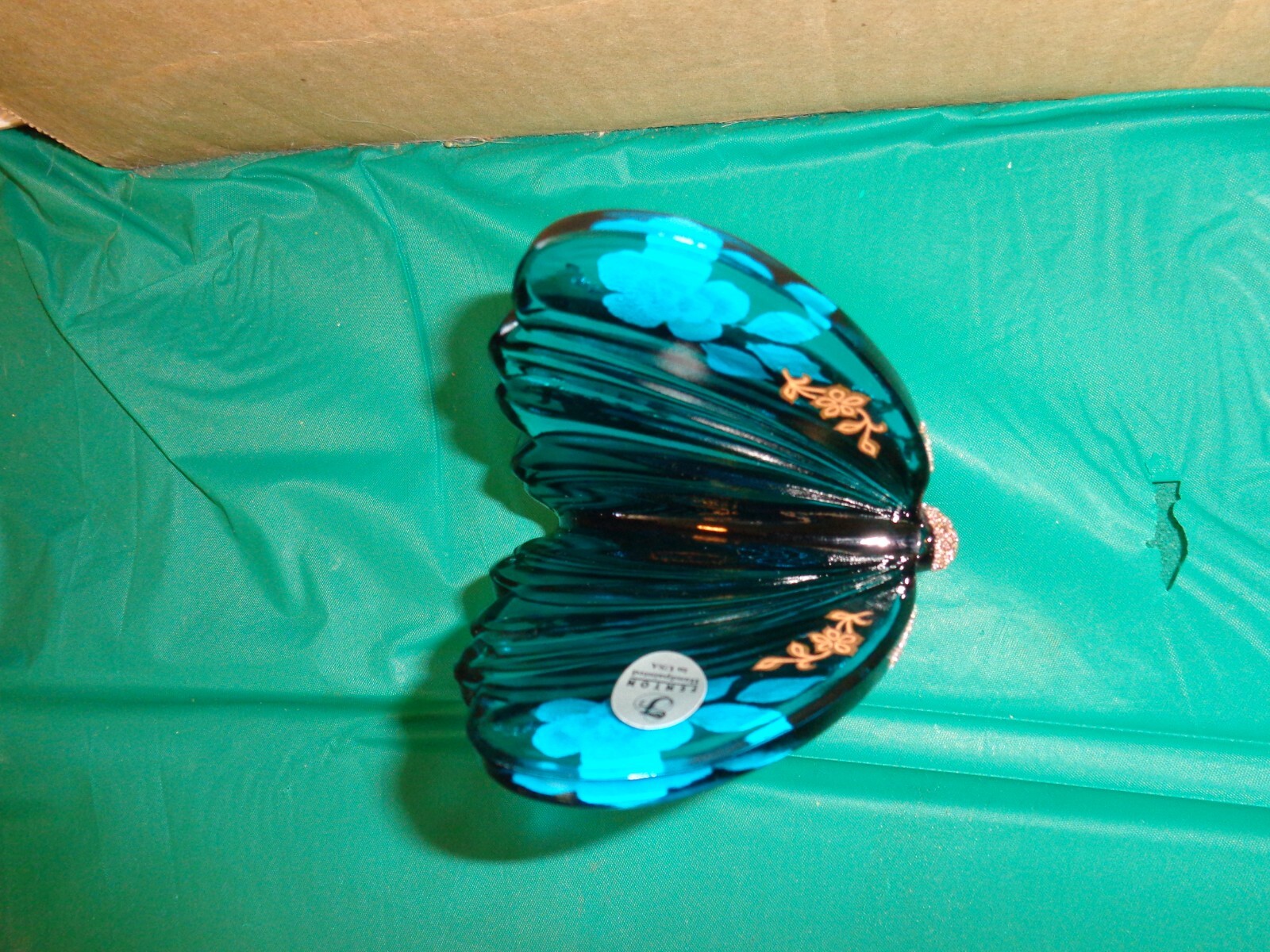 Fenton Aqua Teal Blue Painted Flowers Butterfly Signed D. Fredrick Figurine