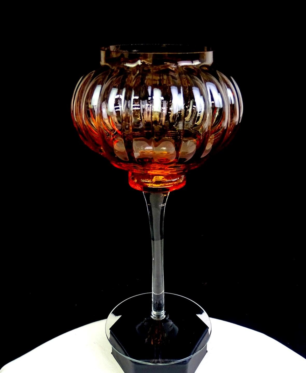 Bohemian Czech Glass Pink Melon Ribbed Vintage 10 3/4″ Candle Votive Holder 1950