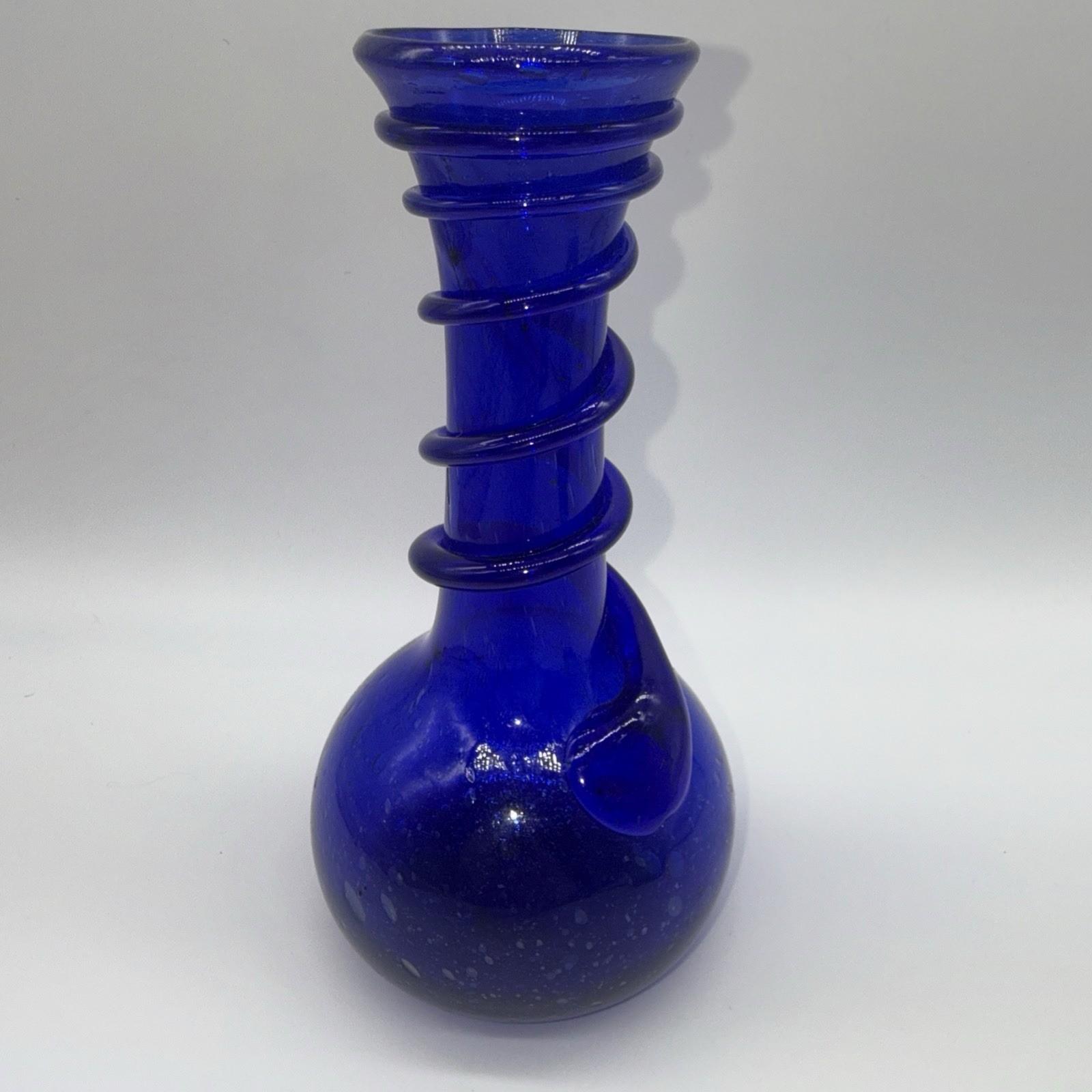 Cobalt Blue Hand Blown Mottled Glass Vase 7” Tall Applied Coil Made In Egypt