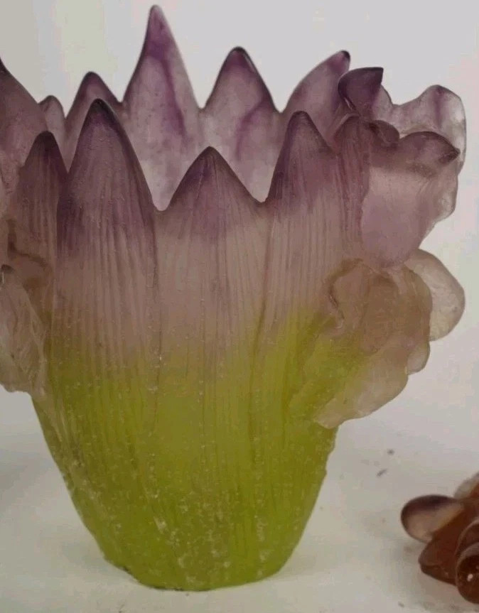 Ended Daum pate de verre orchid vase in purple & lime green, 5.1″H L5.1″ W3.1