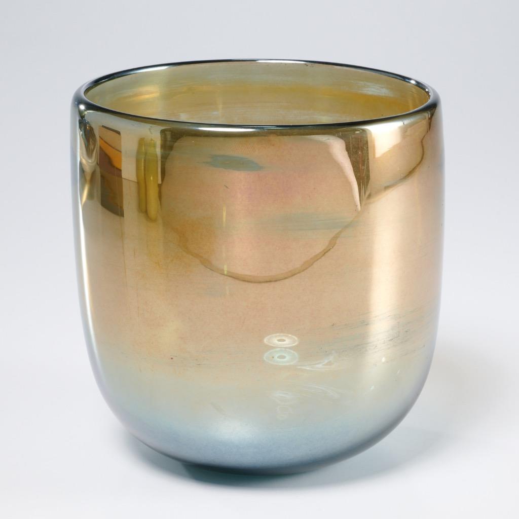Iridescent Studio Art Glass Blown Glass Vase Vessel Copper Blue Shading 4.75in.