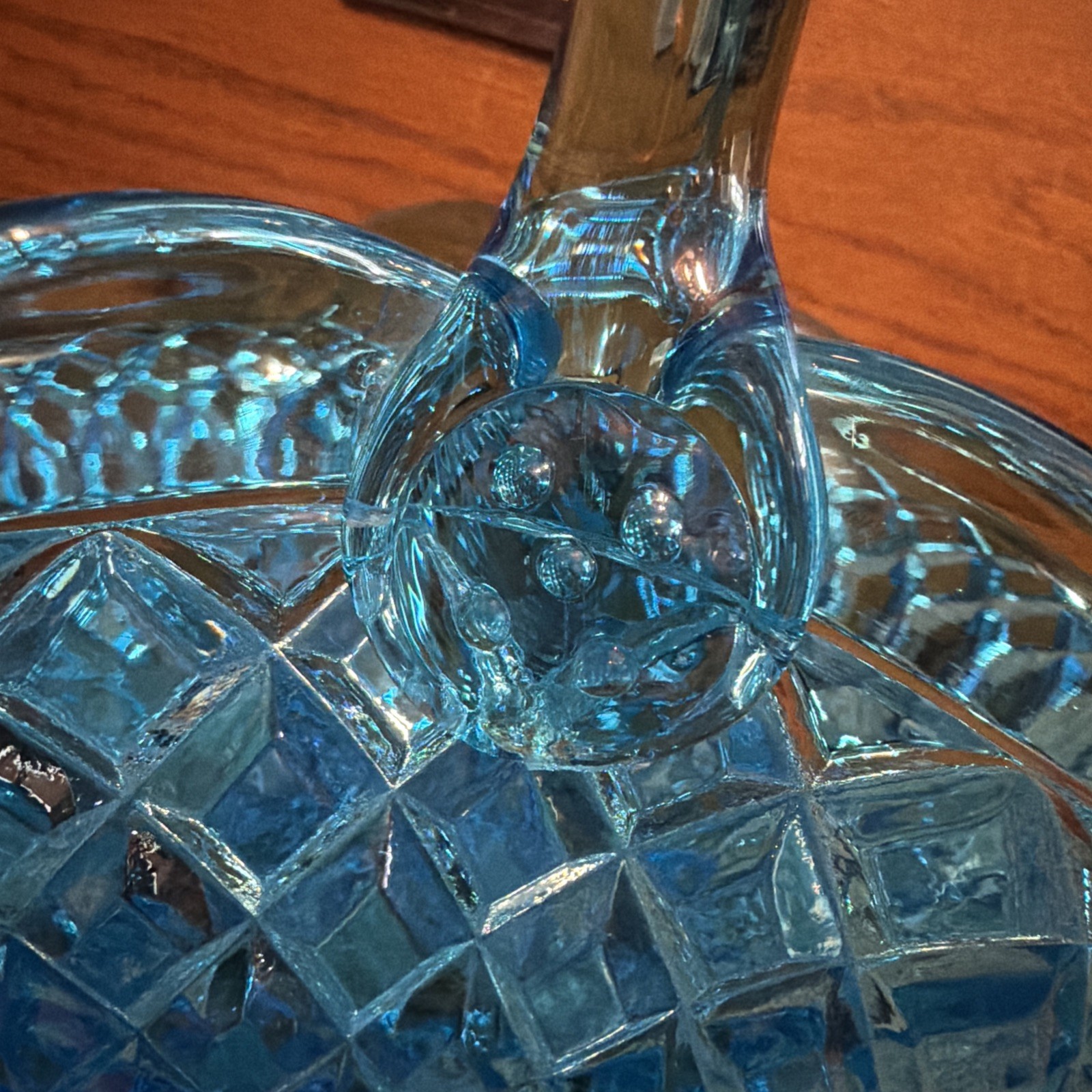 Vintage Indiana Glass Tiara Blue Glass Basket with Handle, Diamond Point