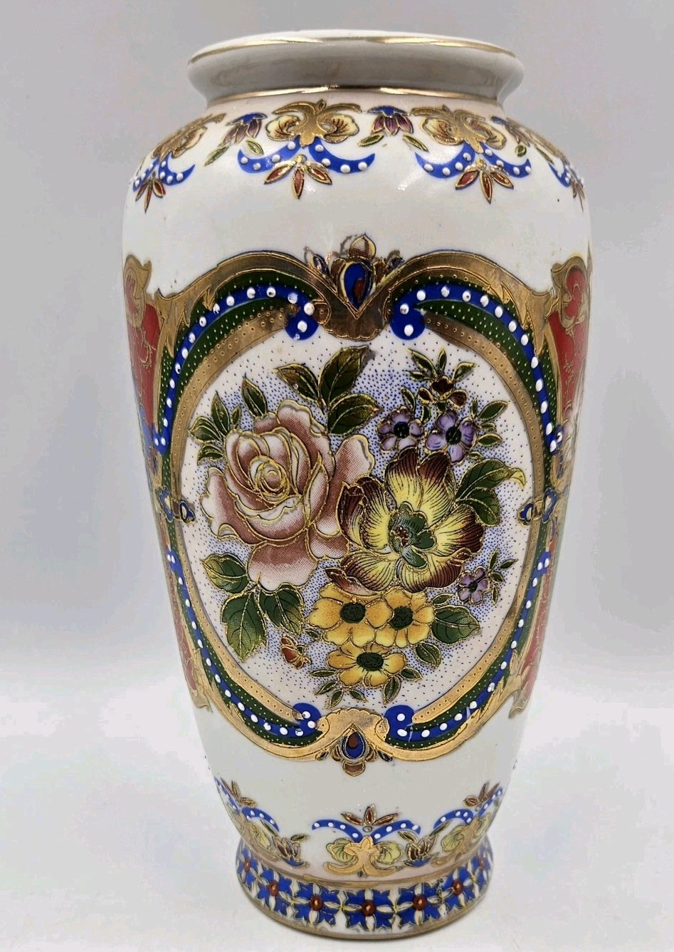 Vintage Chinese Famille Rose Hand Painted Porcelain Raised Relief Vases 8.5″