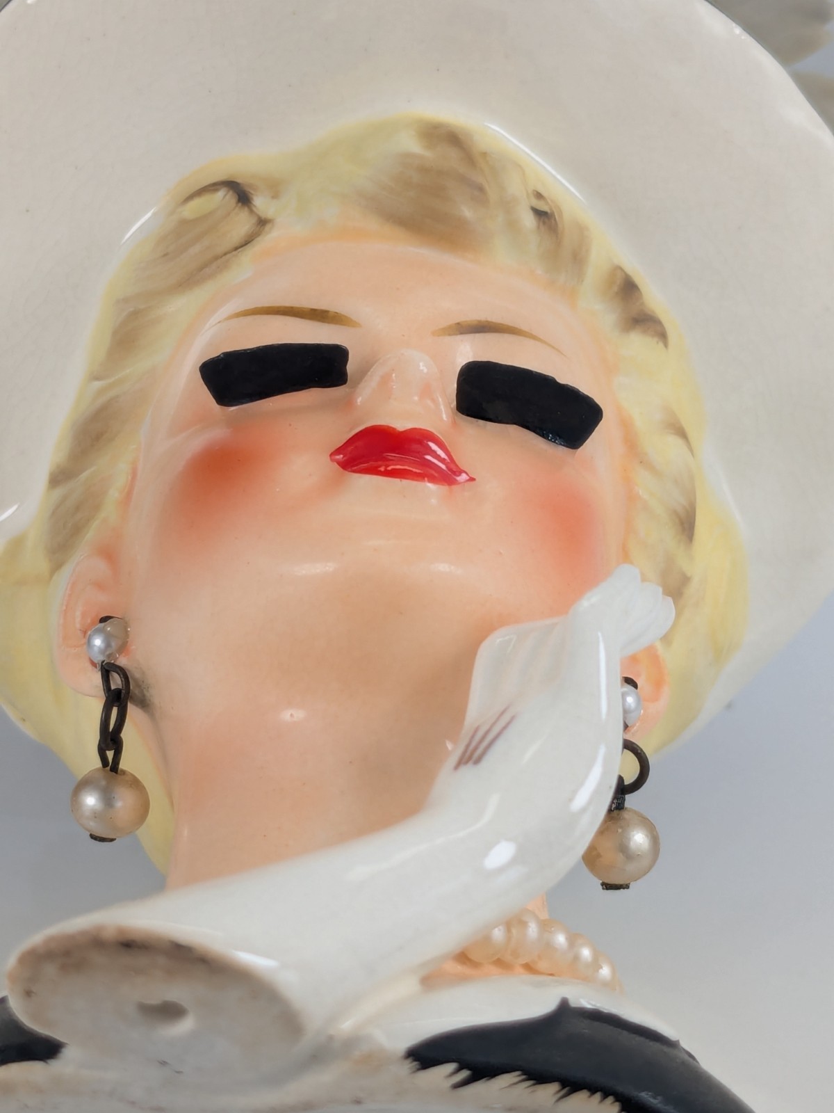 Vintage Lady Head Vase Hand Glove Lashes Original Plastic Flowers & Jewelry