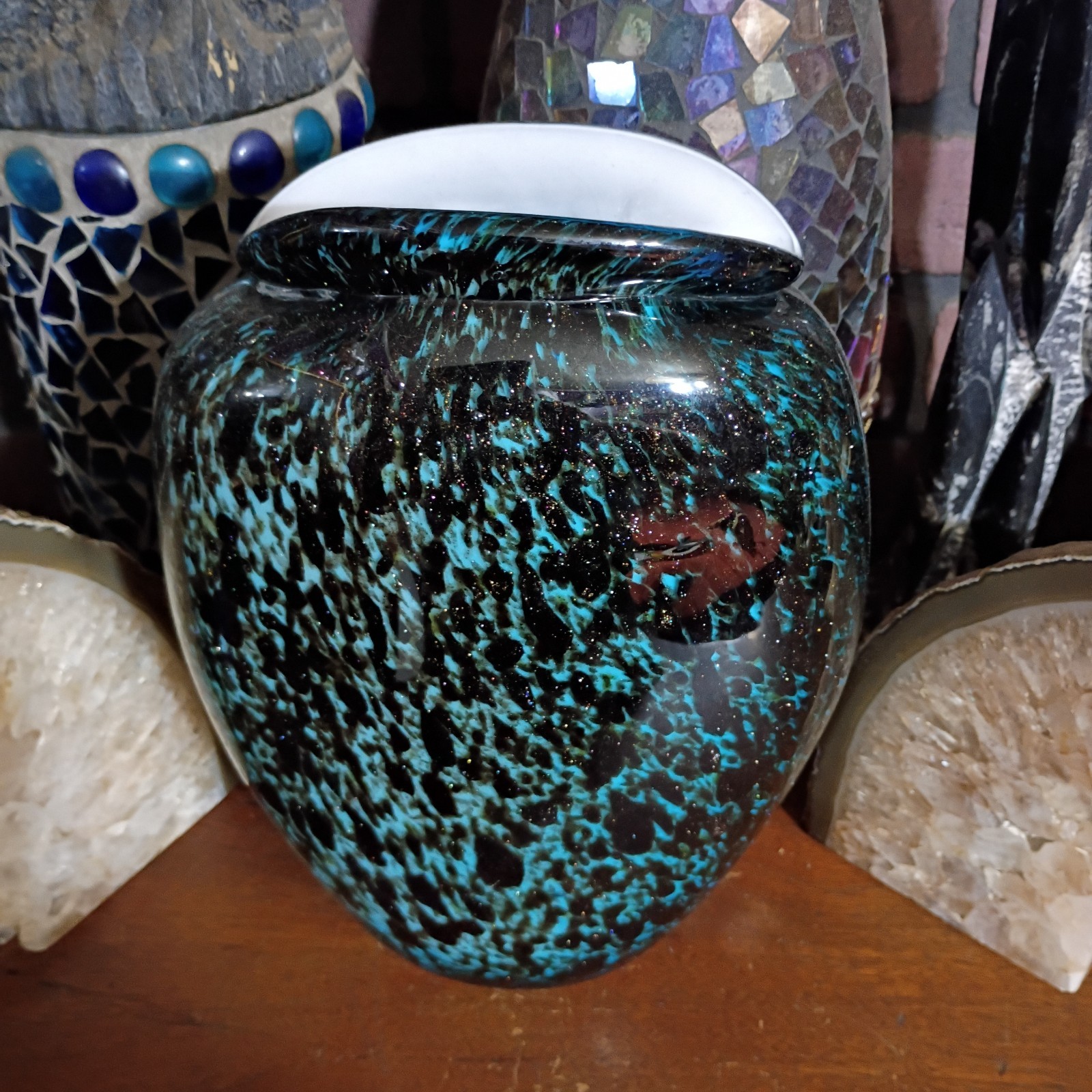 Sparkly 10.5 In Chinese Blown Cased Glass Vase Black Blue Gold Copper? Flakes 6#