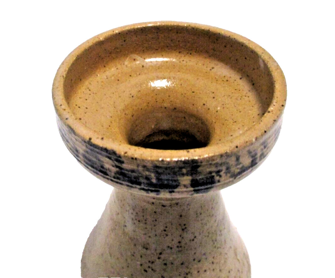 Handmade Art Pottery 4 1/4 Inch Candle Holder Speckled Tan With Blue Trim
