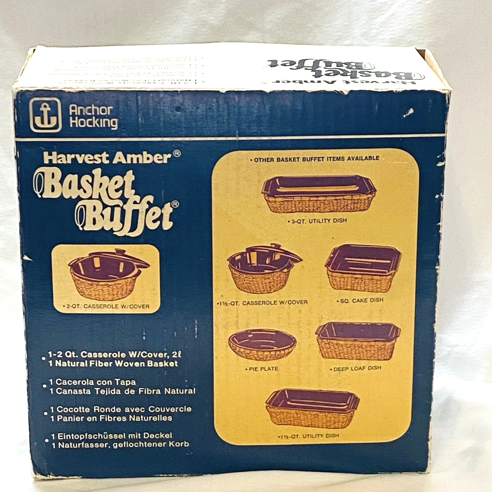 Vtg Anchor Hocking Harvest Amber 2 Qt Glass Casserole w/ Lid & Woven Basket NIB