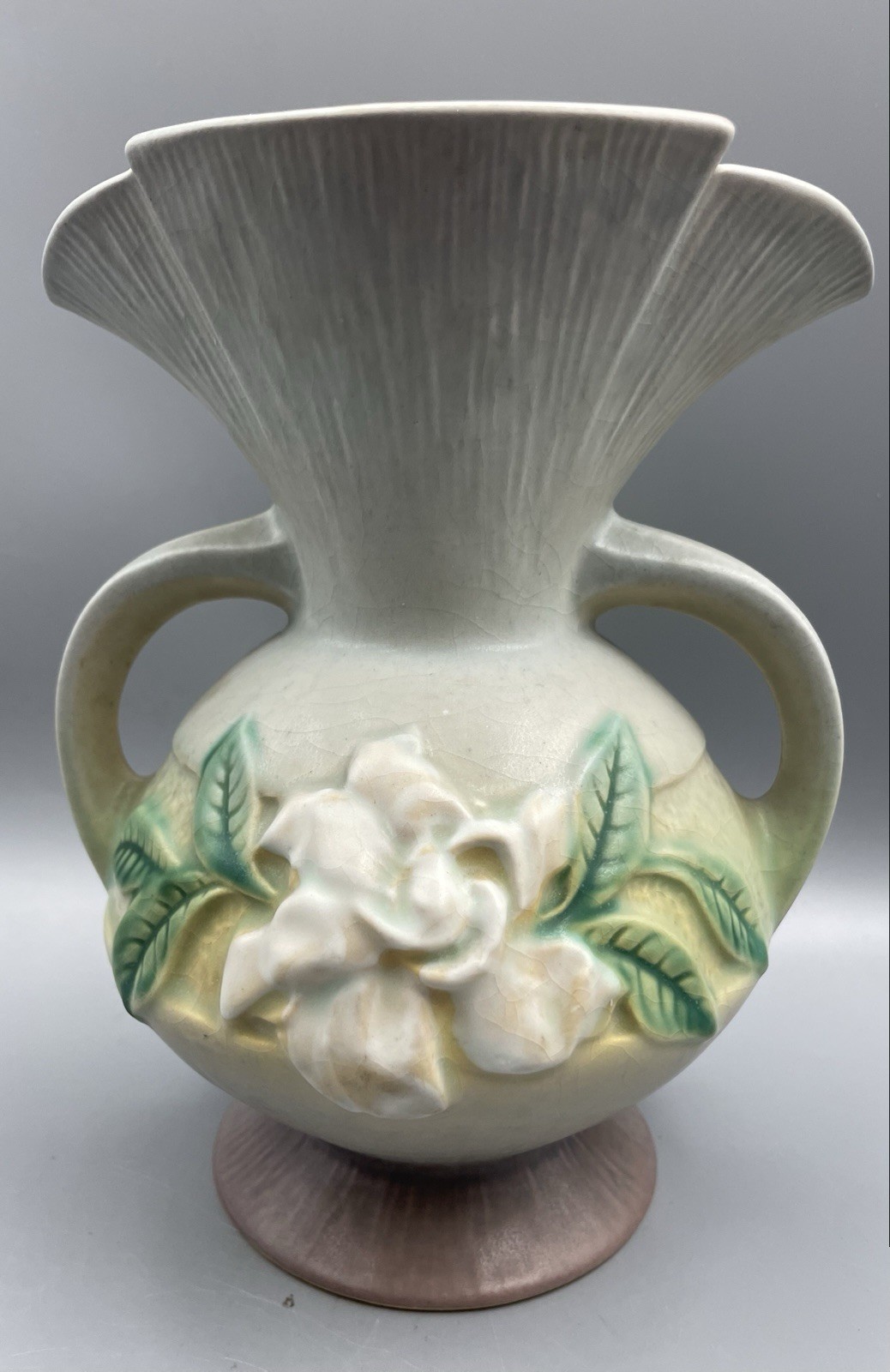 8.25in Roseville 1950s Gardenia Gray/ Purple White Blossom Bulbous Vase #684-8