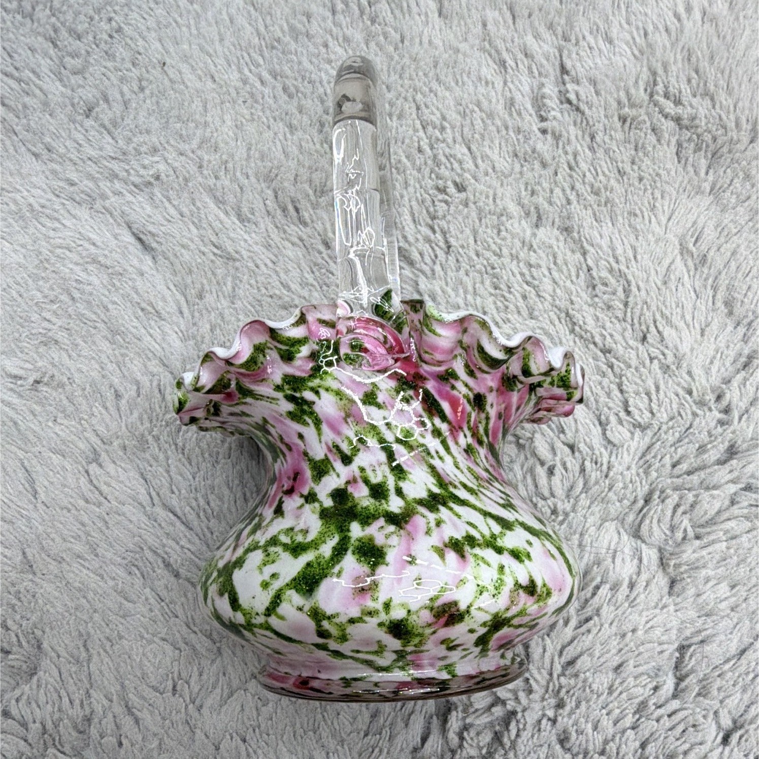 Art Glass Decorative Basket Splatter Pink Green White Clear Handle 8 in