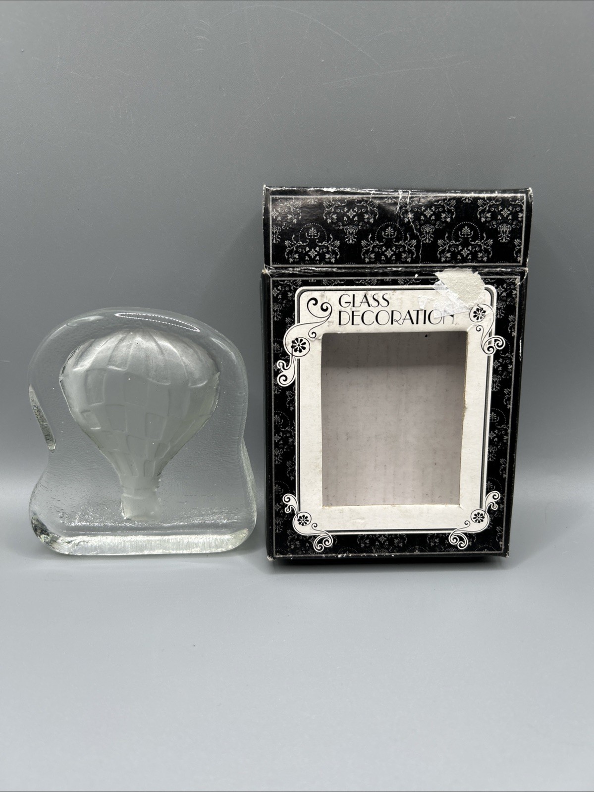Vintage Hot Air Balloon Paperweight Clear Glass Heavy 3.75″T (Cavity Back) w/Box