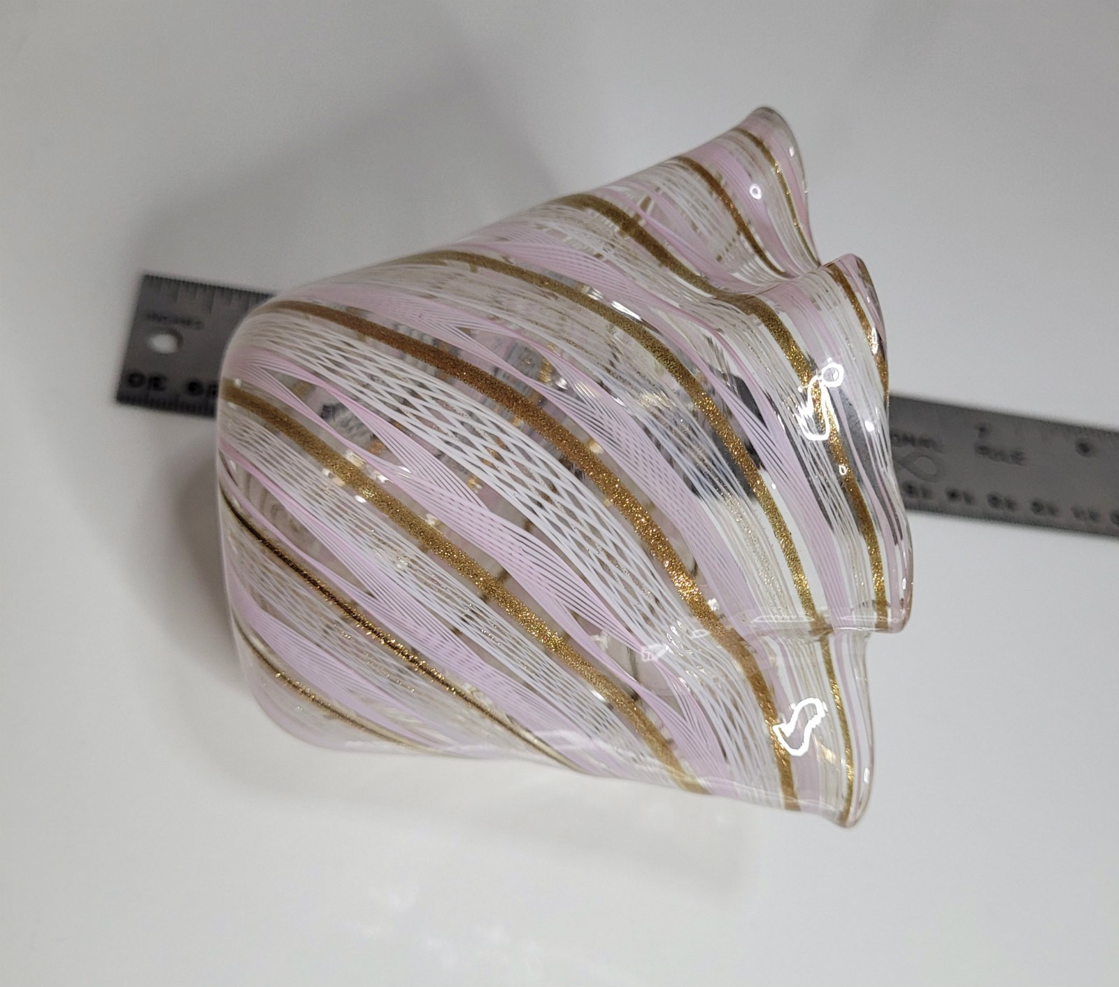 Venetian Glass Handkerchief Vase pink white aventurine latticino 3 inch