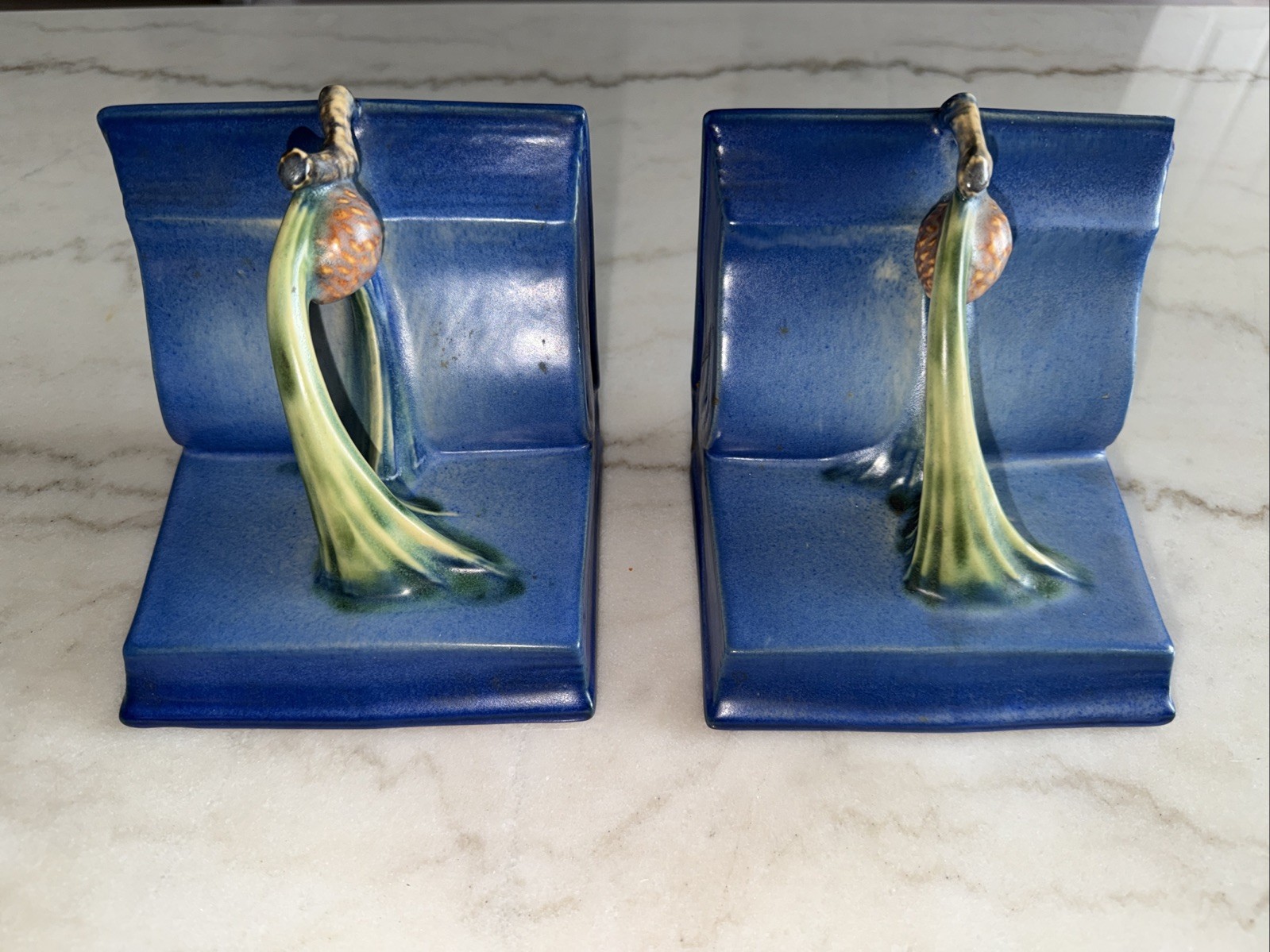 Roseville Pottery Pinecone Bookends Blue