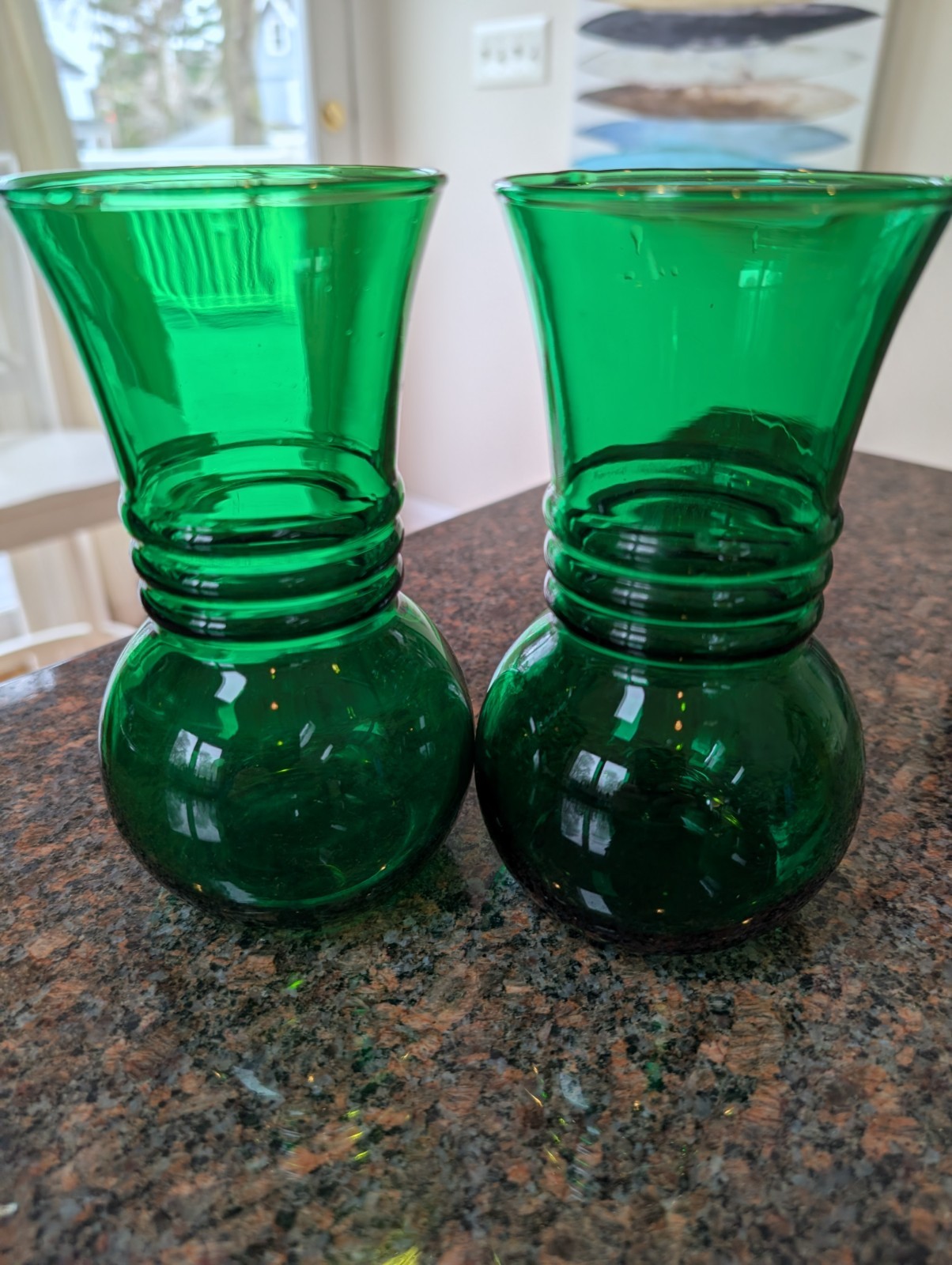 Pair of 2 1950’s Vintage Anchor Hocking Depression Glass Forest Green Rib Vase
