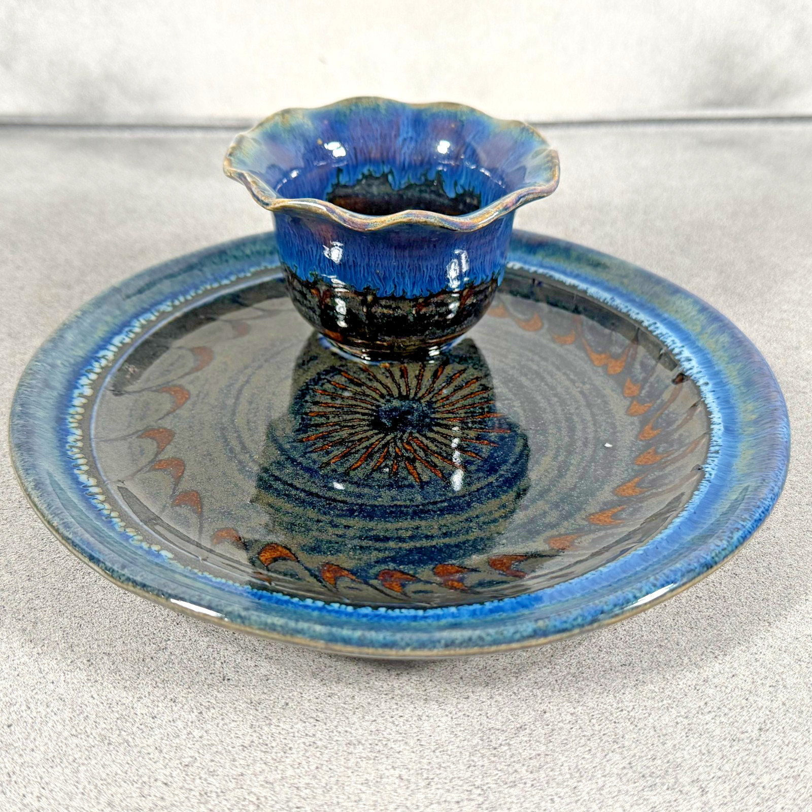 Vintage Studio Pottery Chip & Dip Plate Blue Drip Glaze Signed Handmade 8″