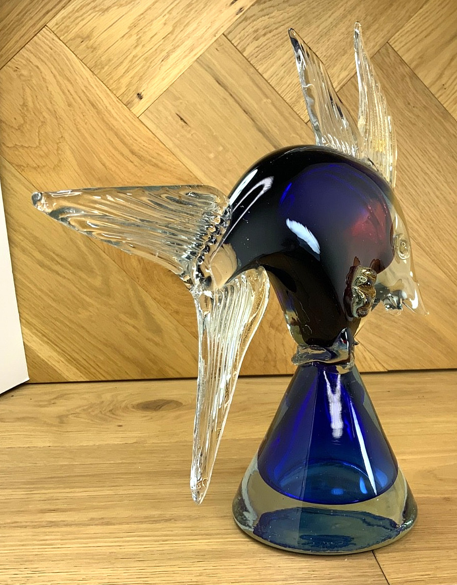 Vintage 1970s Murano Style Glass Fish Sculpture Blue Purple Clear Gold 14 Inch