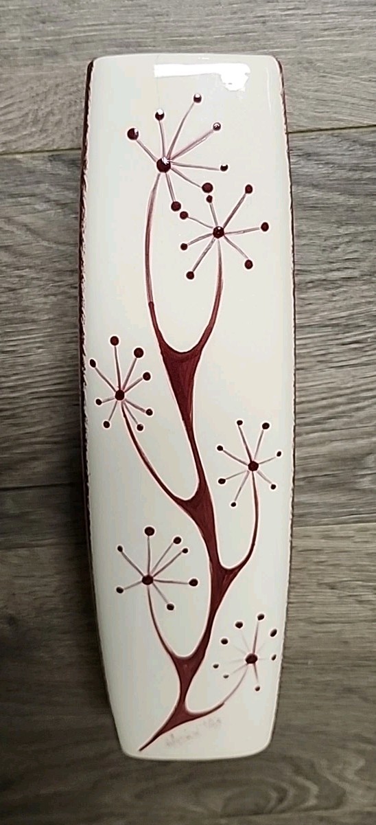 Atomic Burst Ceramic Vase Vtg Abstract Dp Red Starburst Spongeware Signed/dated