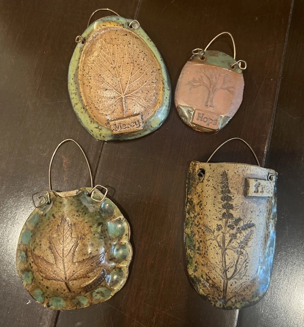 Nature Inspired Art Pottery Wall Pocket, Embossed Leaves Free Mercy Dream