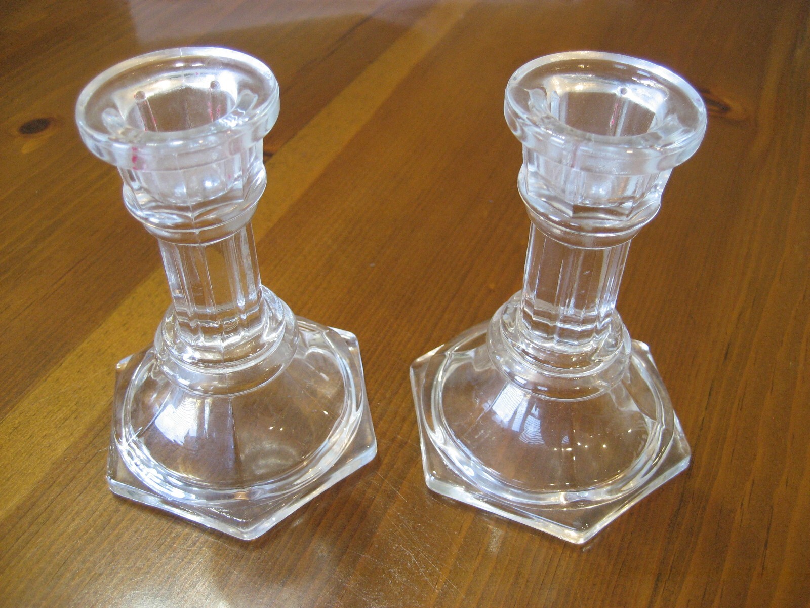 Clear Glass FTDA Candlestick Holders Set 2 Hexagon Base 4″ Tall VTG Never Used!