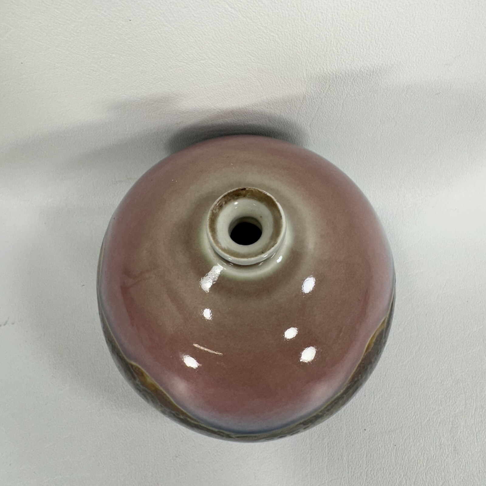 Signed Art Pottery Vase 5”, Cobalt, Brown, Pink, Cream—Sunset Sunrise Landscape