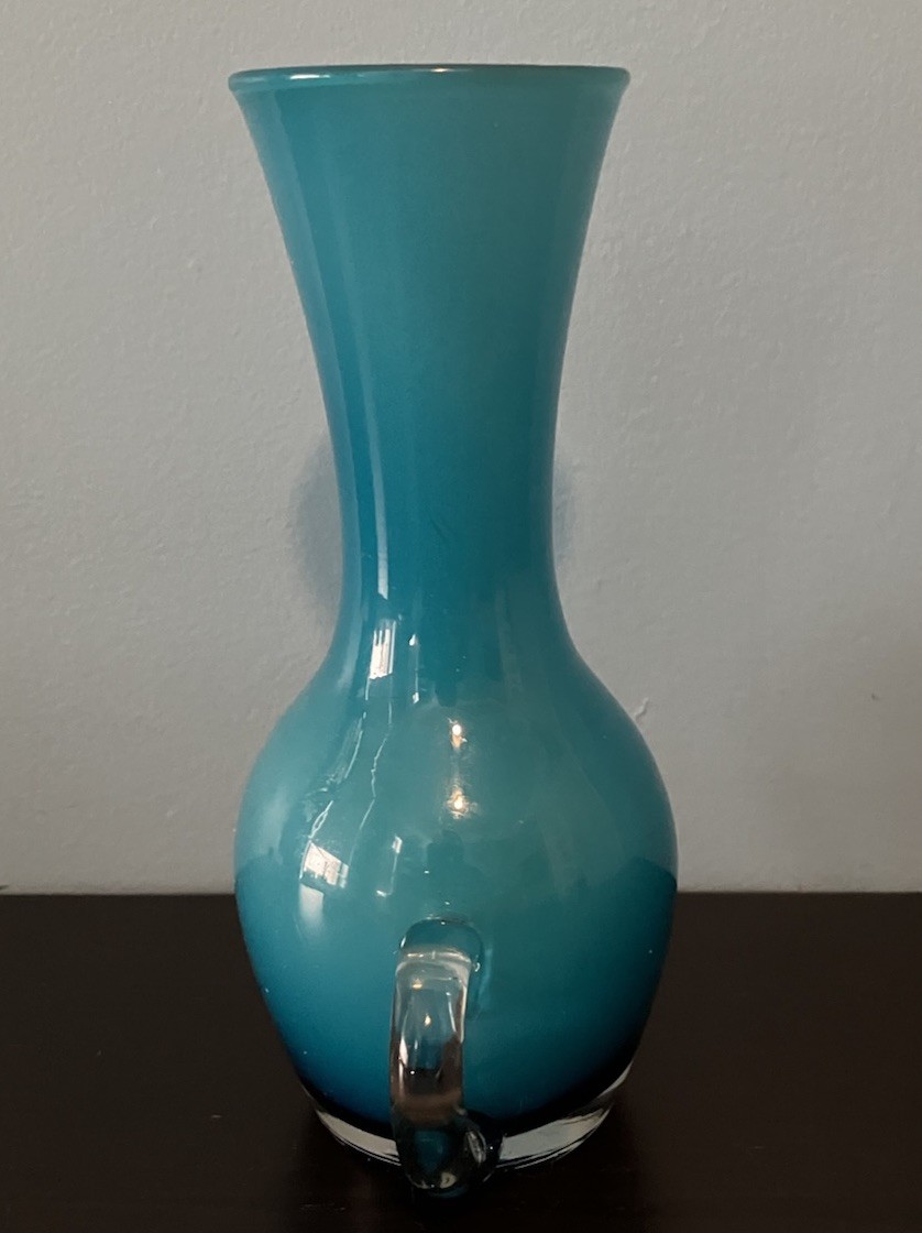 Vintage MCM Teal Hand Blown Glass Vase With Handle Excellent Condition