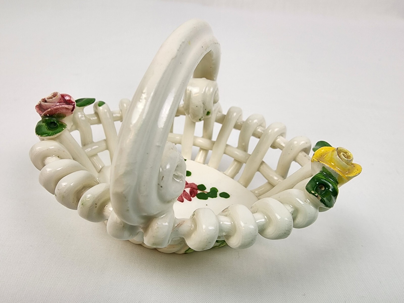 VINTAGE Italian Hand Painted Roses/Floral Porcelain Lattice Basket with Handle