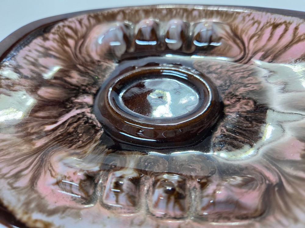 Vintage 1960s MCM Ceramic Drip Glaze Ashtray Trinket Dish Brown & Pink 7.25″