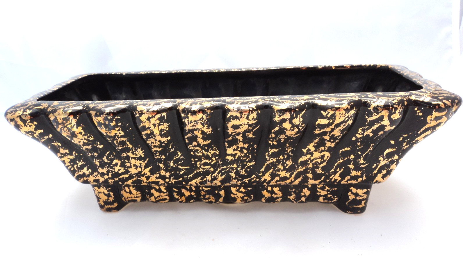 Vintage MCM Stanford Sebring Black and Gold Art Pottery Console Planter